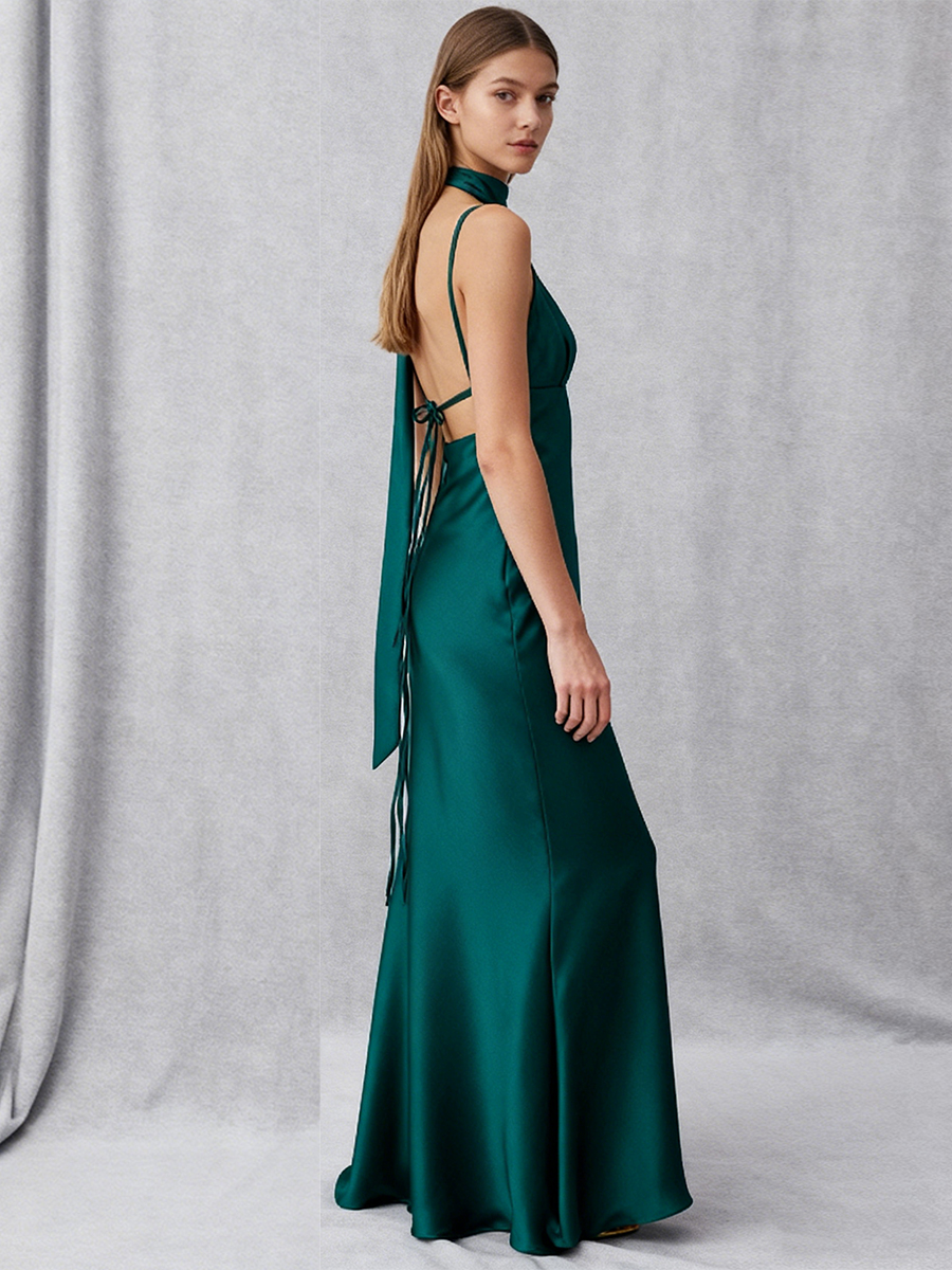 Elegant V-Neck Satin Spaghetti Strap Floor-Length Formal Evening Gown with Scarf