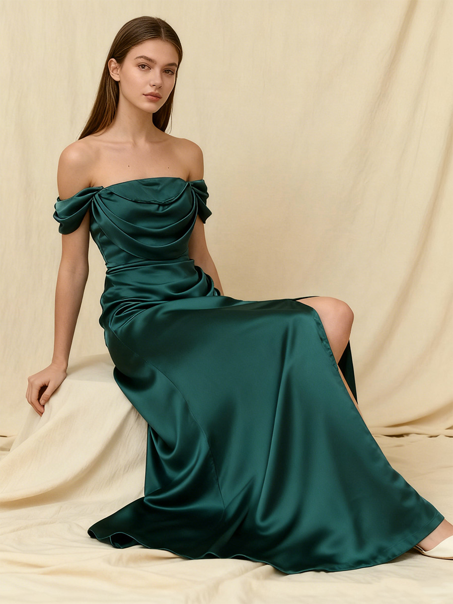 Mermaid Off Shoulder Satin Floor-Length Draped High Side Slit Formal Evening Gown