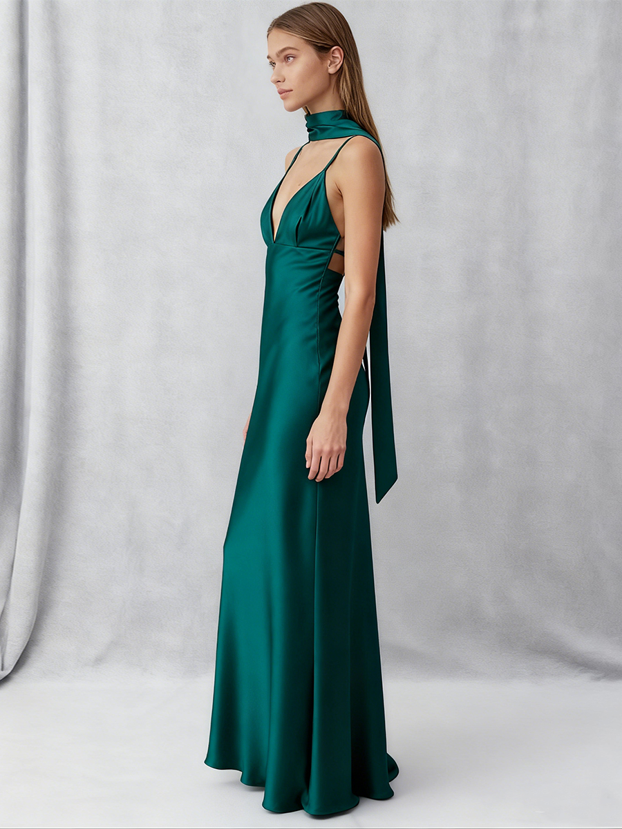 Elegant V-Neck Satin Spaghetti Strap Floor-Length Formal Evening Gown with Scarf