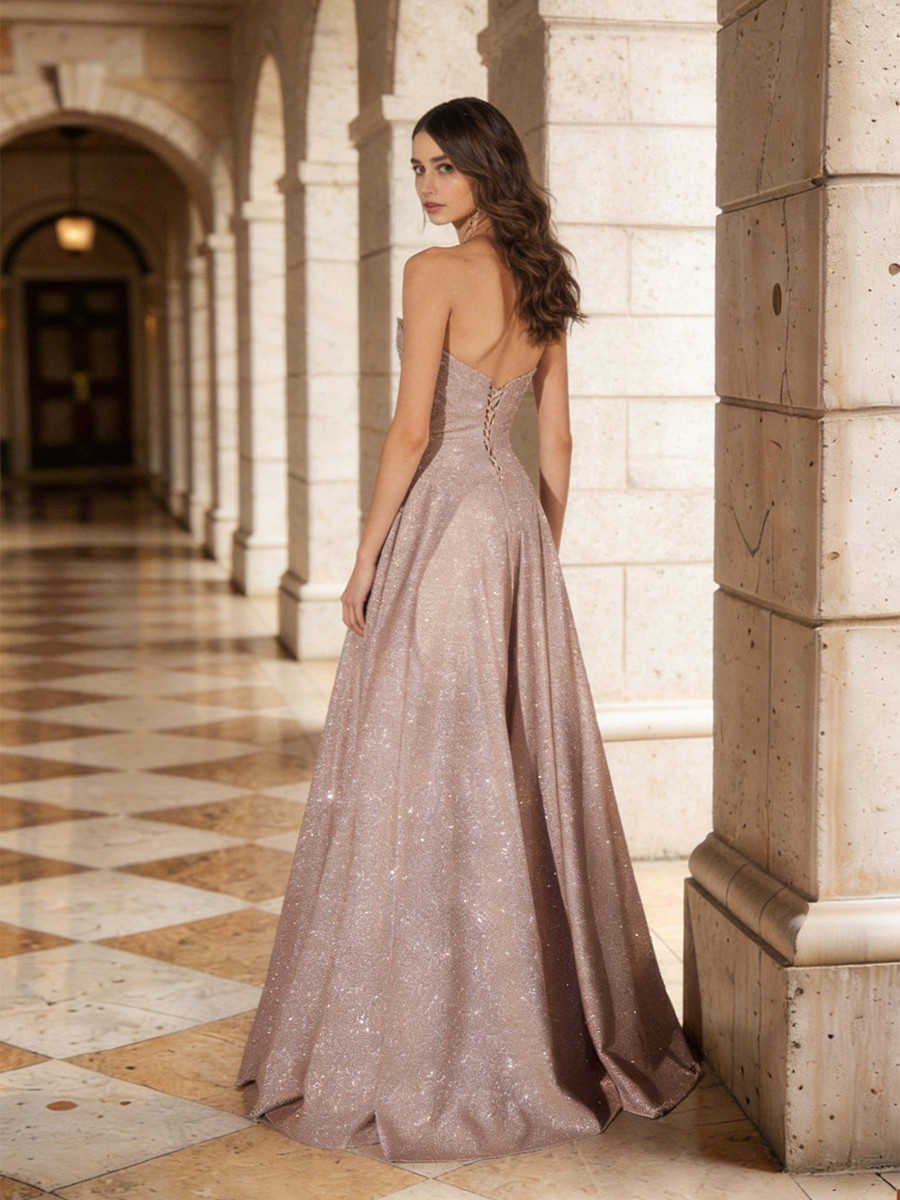 A-Line Strapless Glitter Satin Floor-Length Dress with High Side Slit for Prom & Gala Events