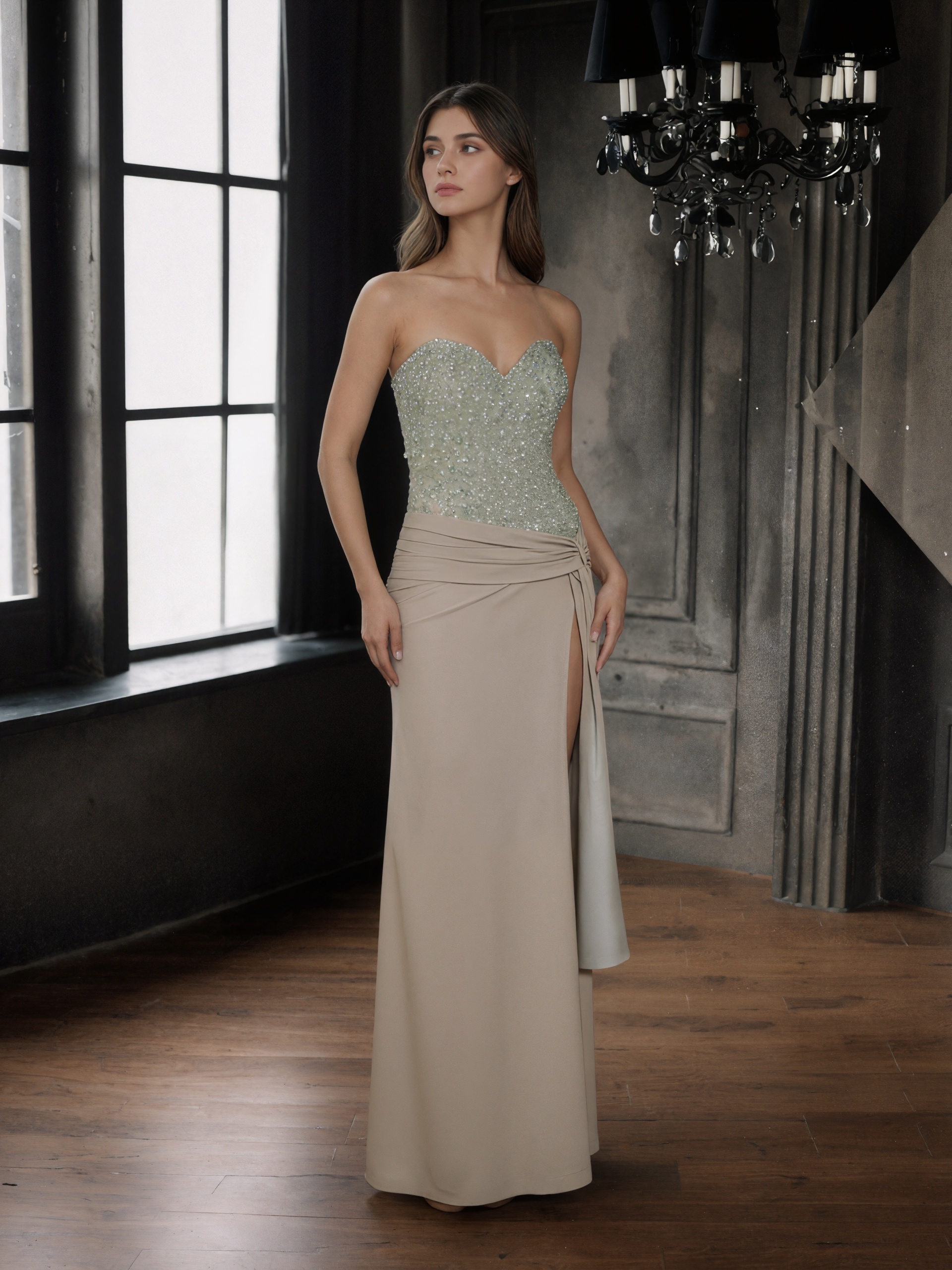 Sheath Sweetheart Neck Beaded Satin Floor-Length Dress with Twist Waist & High Slit for Gala & Wedding Events