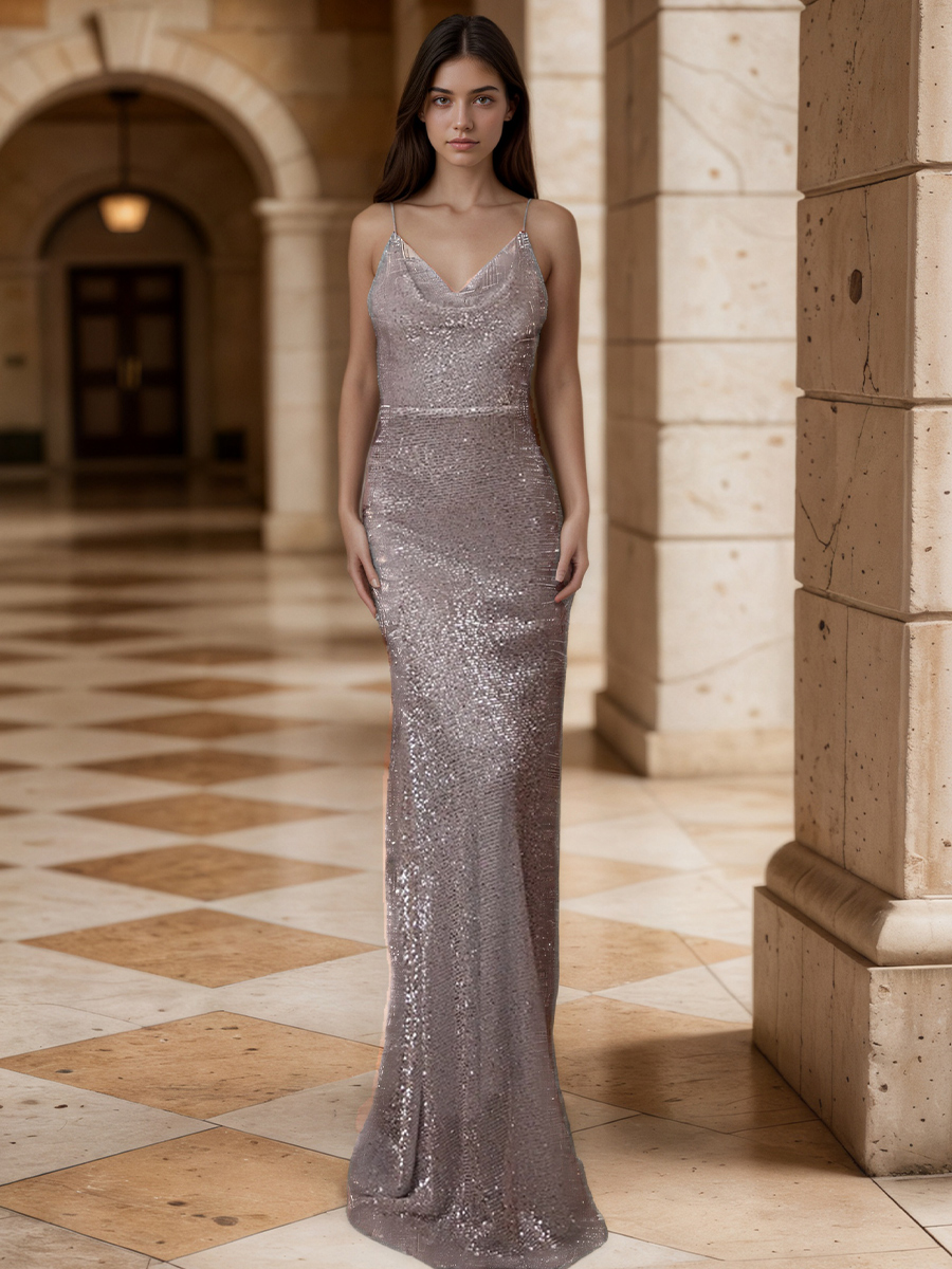 Mermaid Cowl V-Neck Sequin Mesh Floor-Length Dress with Spaghetti Straps for Prom & Gala Events