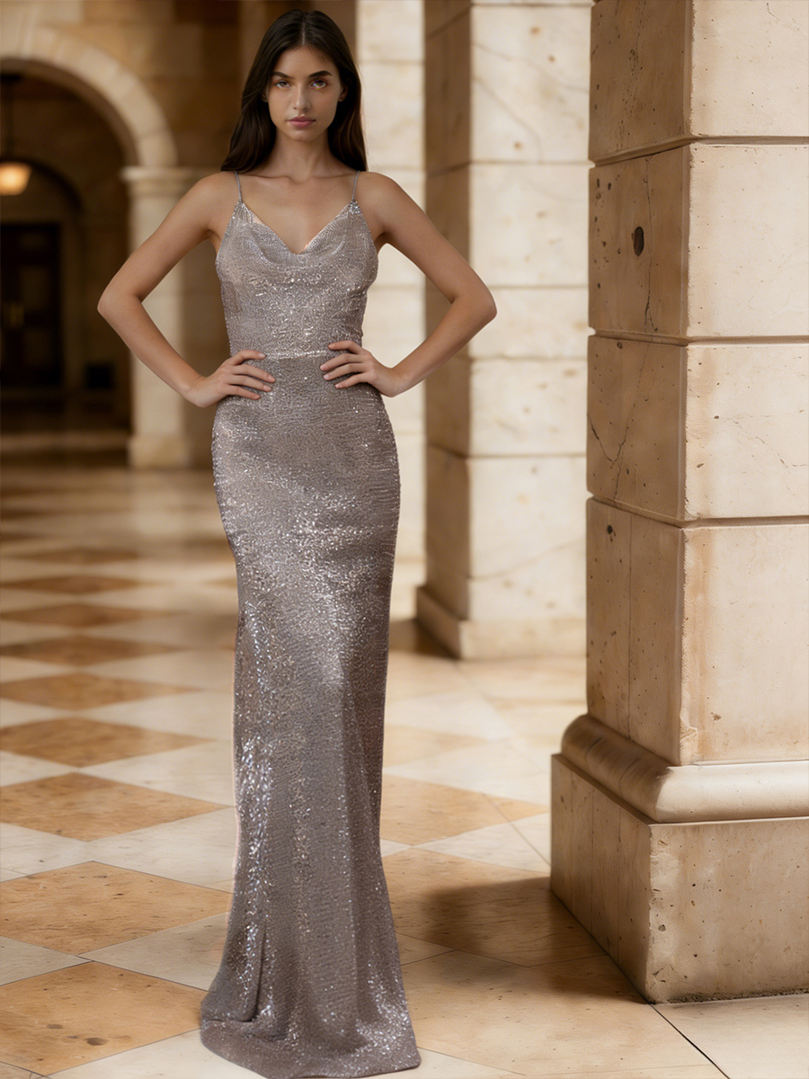 Mermaid Cowl V-Neck Sequin Mesh Floor-Length Dress with Spaghetti Straps for Prom & Gala Events