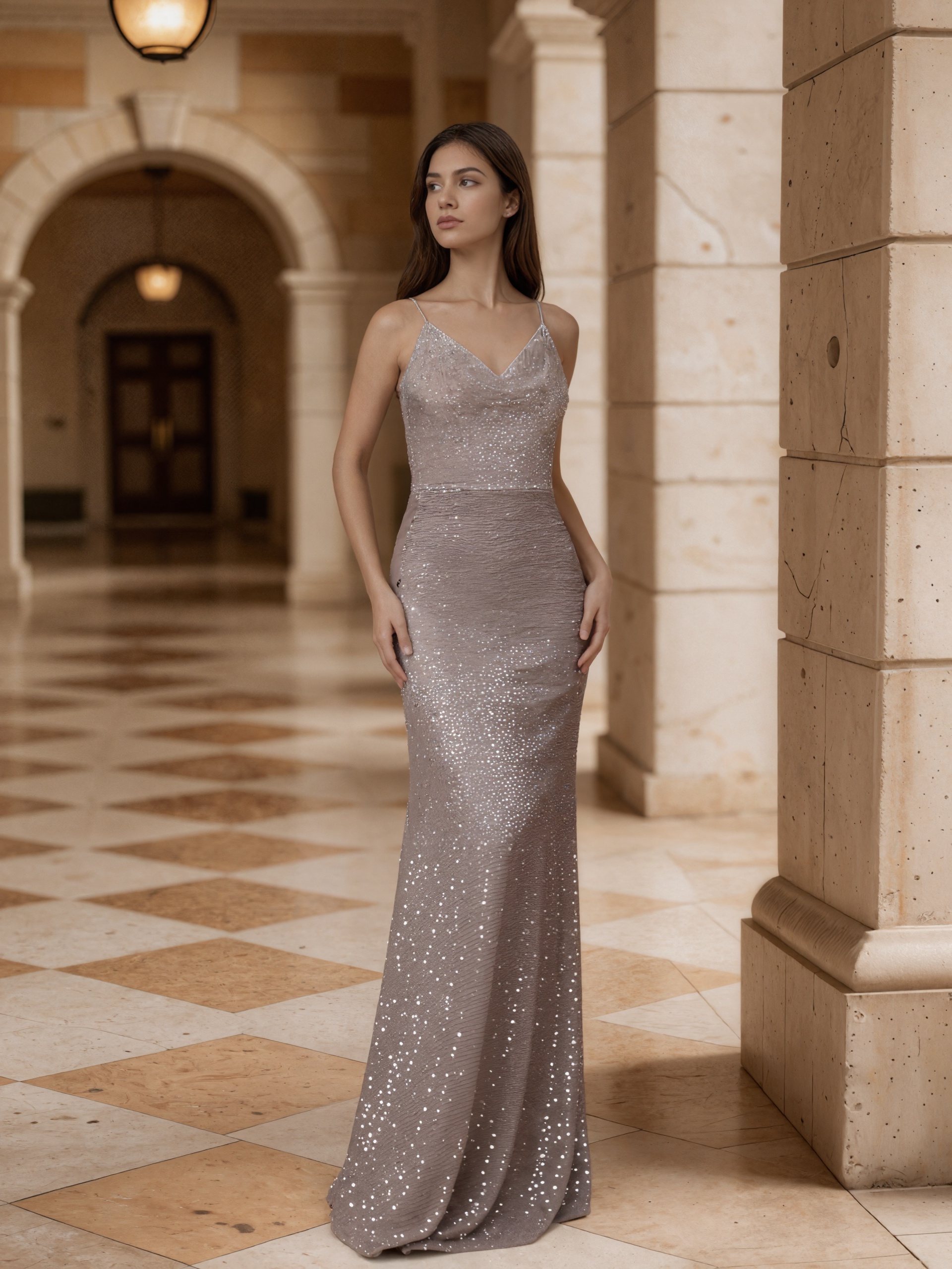 Mermaid Cowl V-Neck Sequin Mesh Floor-Length Dress with Spaghetti Straps for Prom & Gala Events