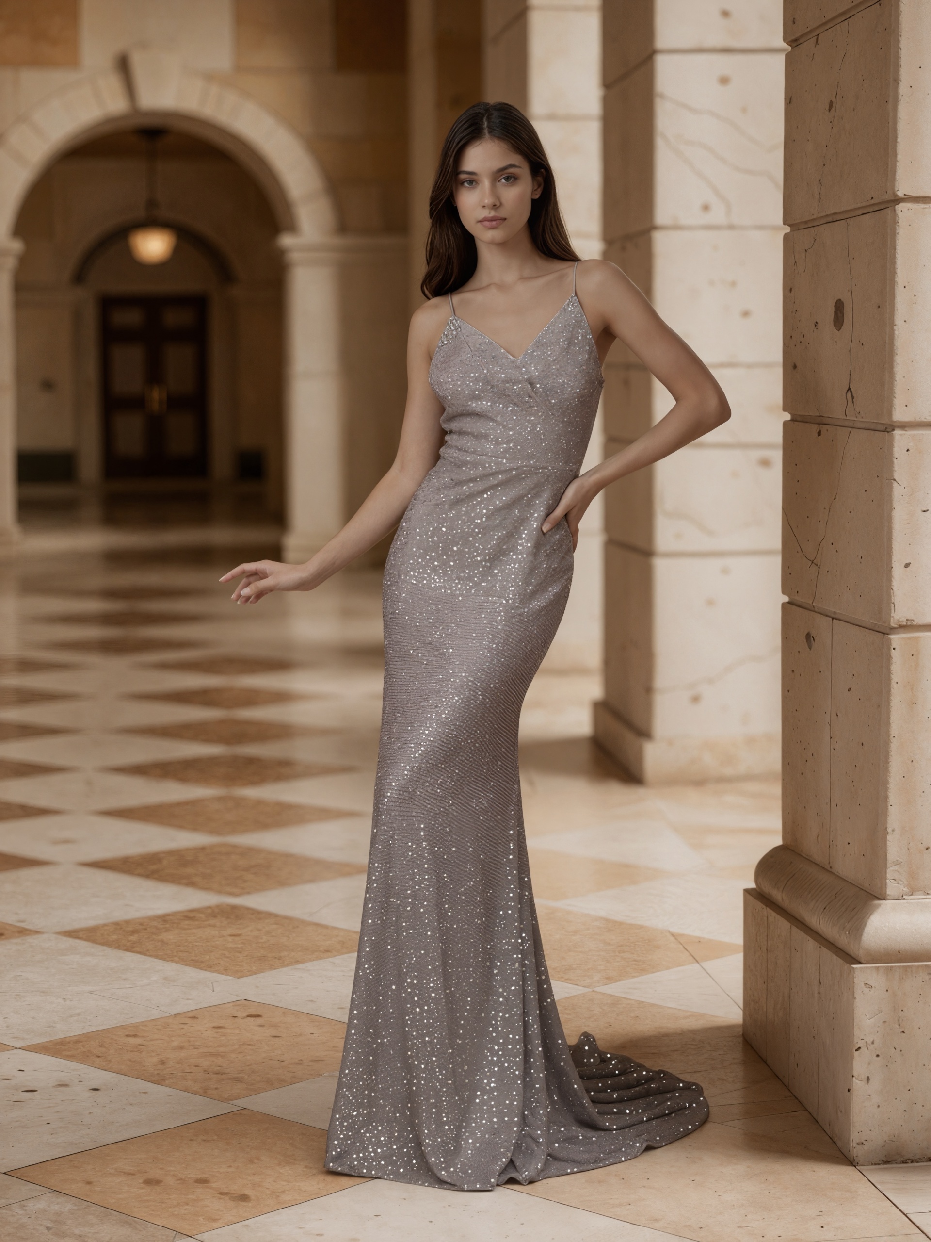 Mermaid Cowl V-Neck Sequin Mesh Floor-Length Dress with Spaghetti Straps for Prom & Gala Events