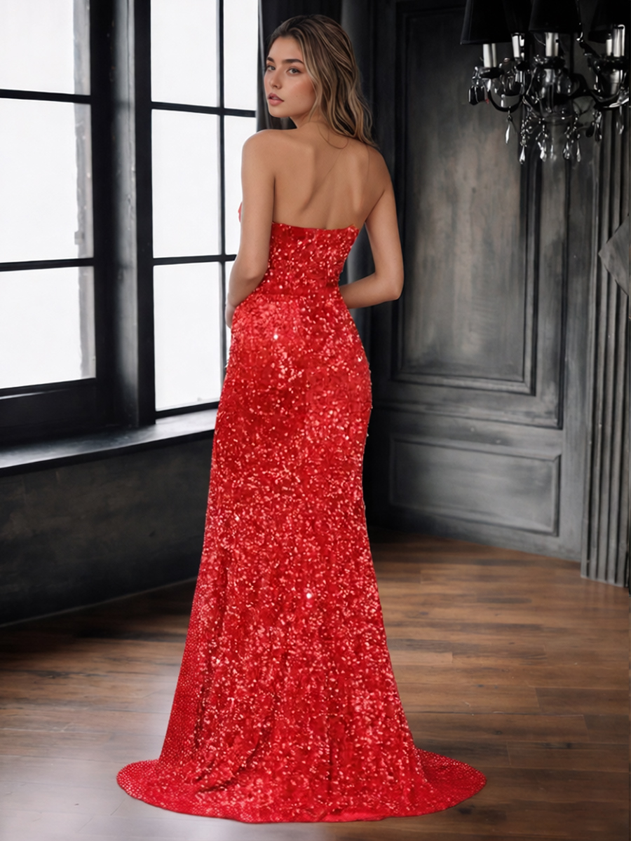 Mermaid One-Shoulder Sequin Mesh Floor-Length Dress with High Side Slit & Sweep Train for Prom & Gala Events