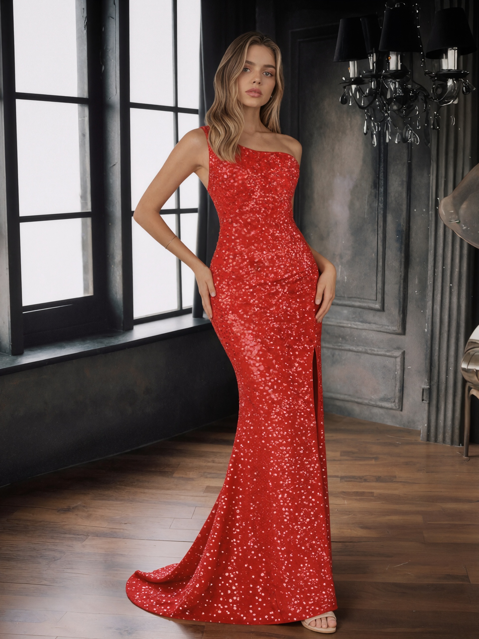 Mermaid One-Shoulder Sequin Mesh Floor-Length Dress with High Side Slit & Sweep Train for Prom & Gala Events