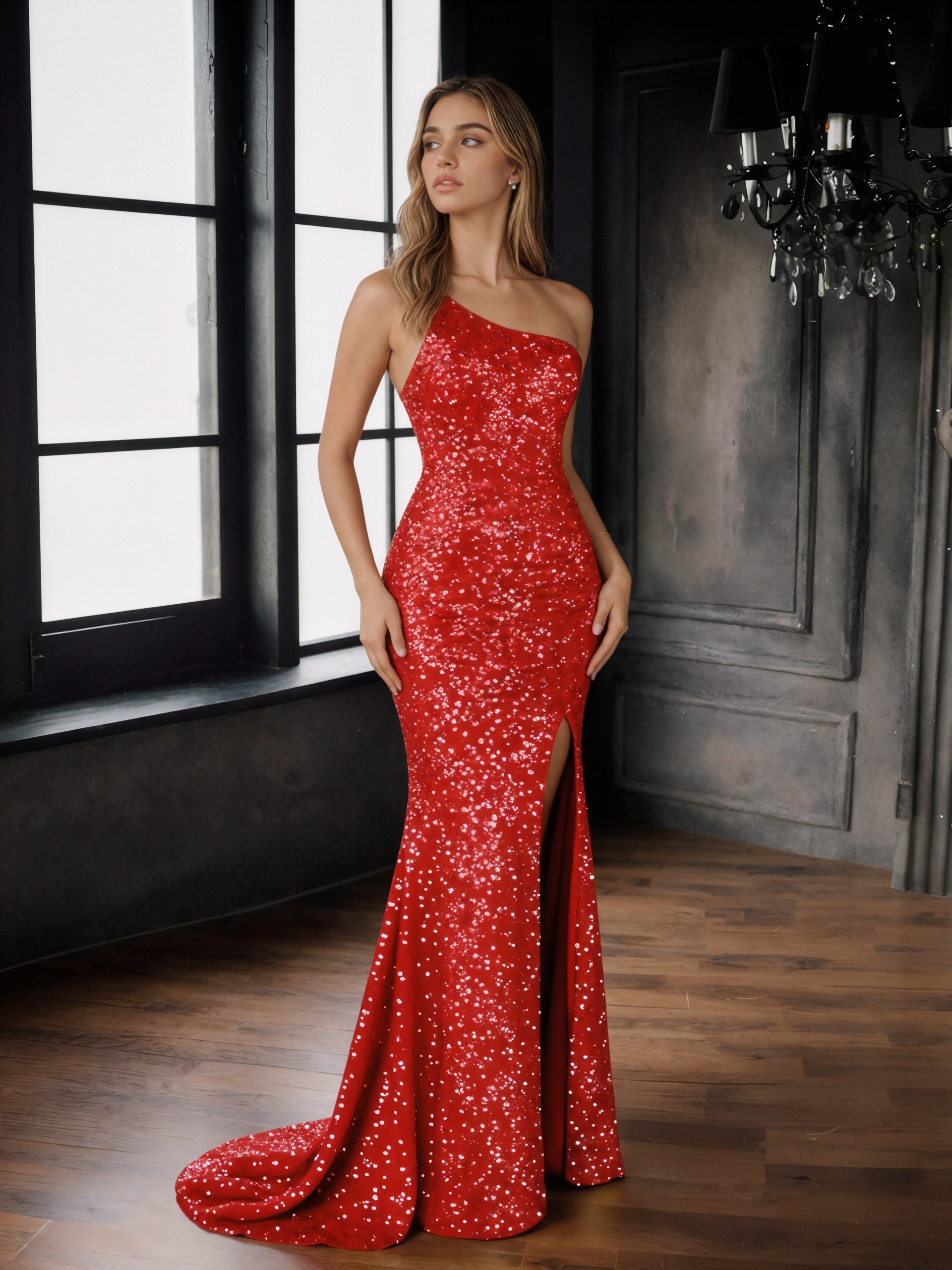 Mermaid One-Shoulder Sequin Mesh Floor-Length Dress with High Side Slit & Sweep Train for Prom & Gala Events