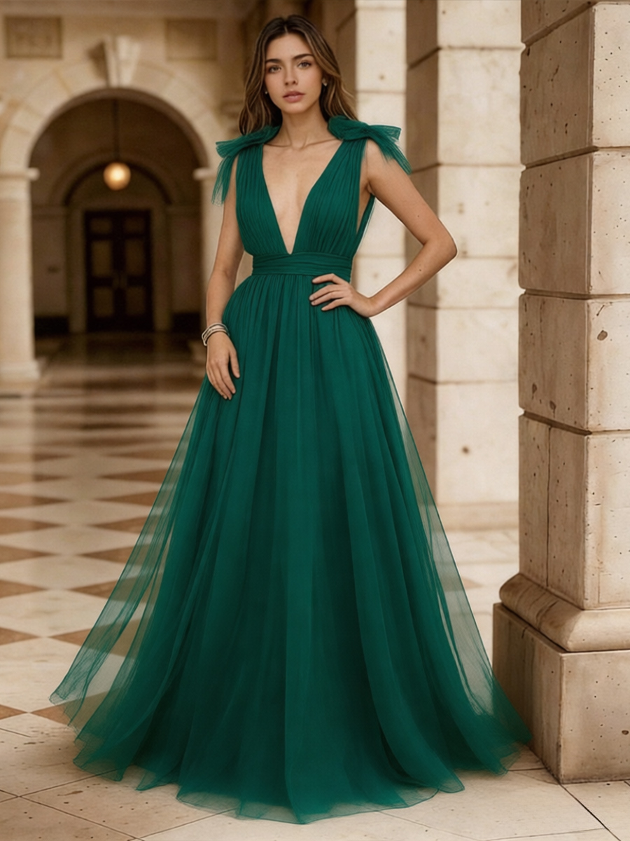 A-Line Deep V-Neck Tulle Floor-Length Dress with Shoulder Bow Detail for Gala & Wedding Events