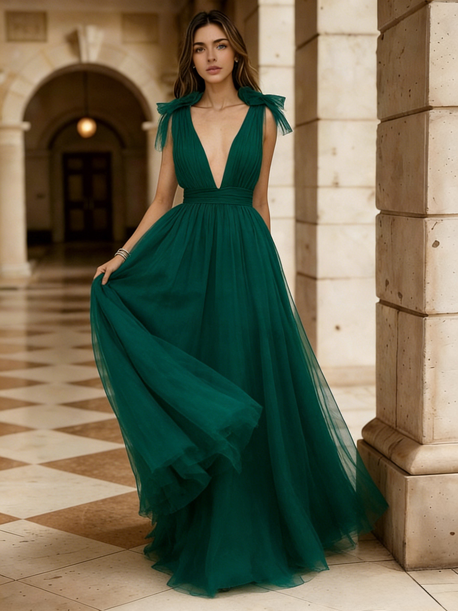 A-Line Deep V-Neck Tulle Floor-Length Dress with Shoulder Bow Detail for Gala & Wedding Events