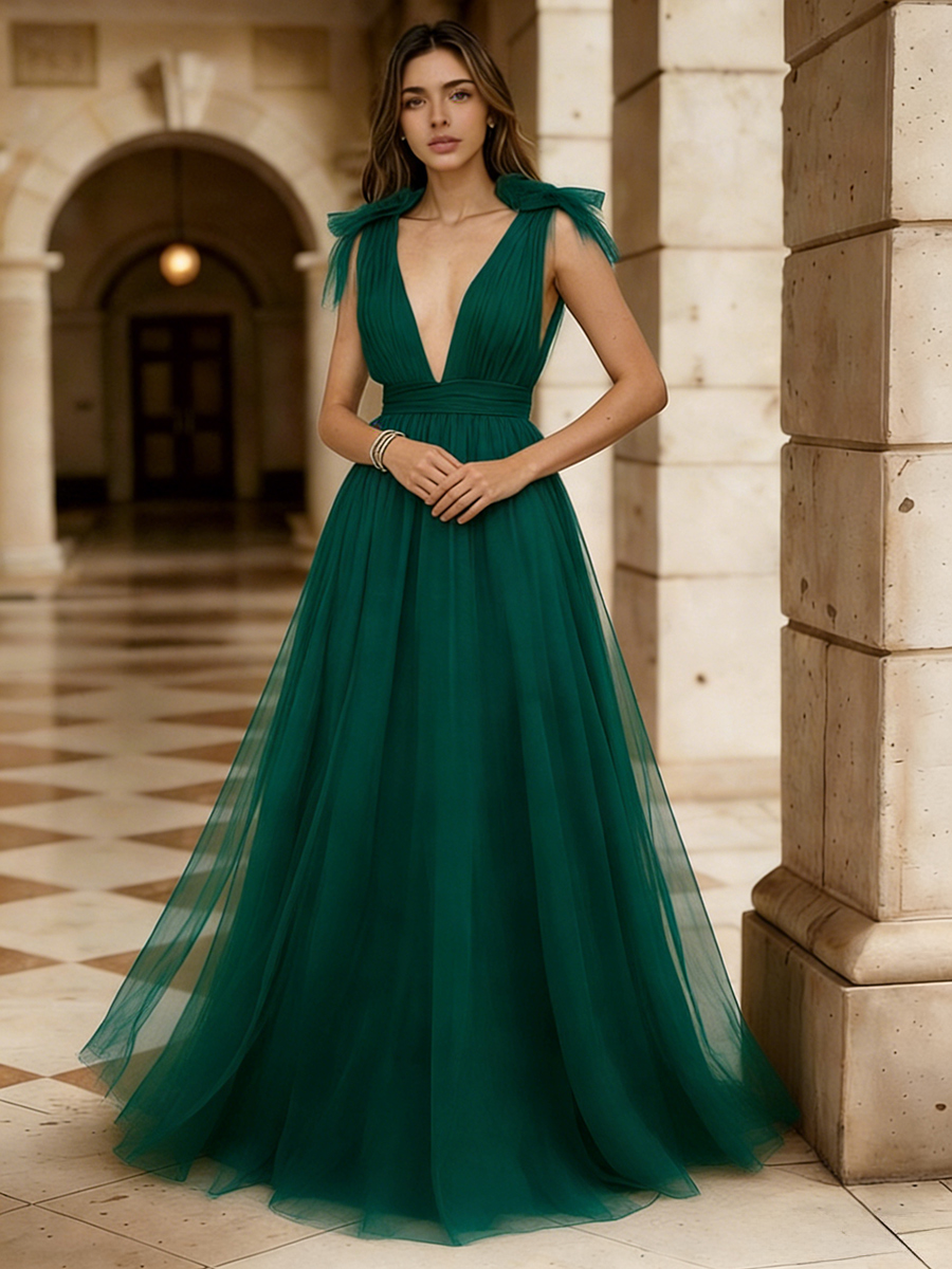 A-Line Deep V-Neck Tulle Floor-Length Dress with Shoulder Bow Detail for Gala & Wedding Events
