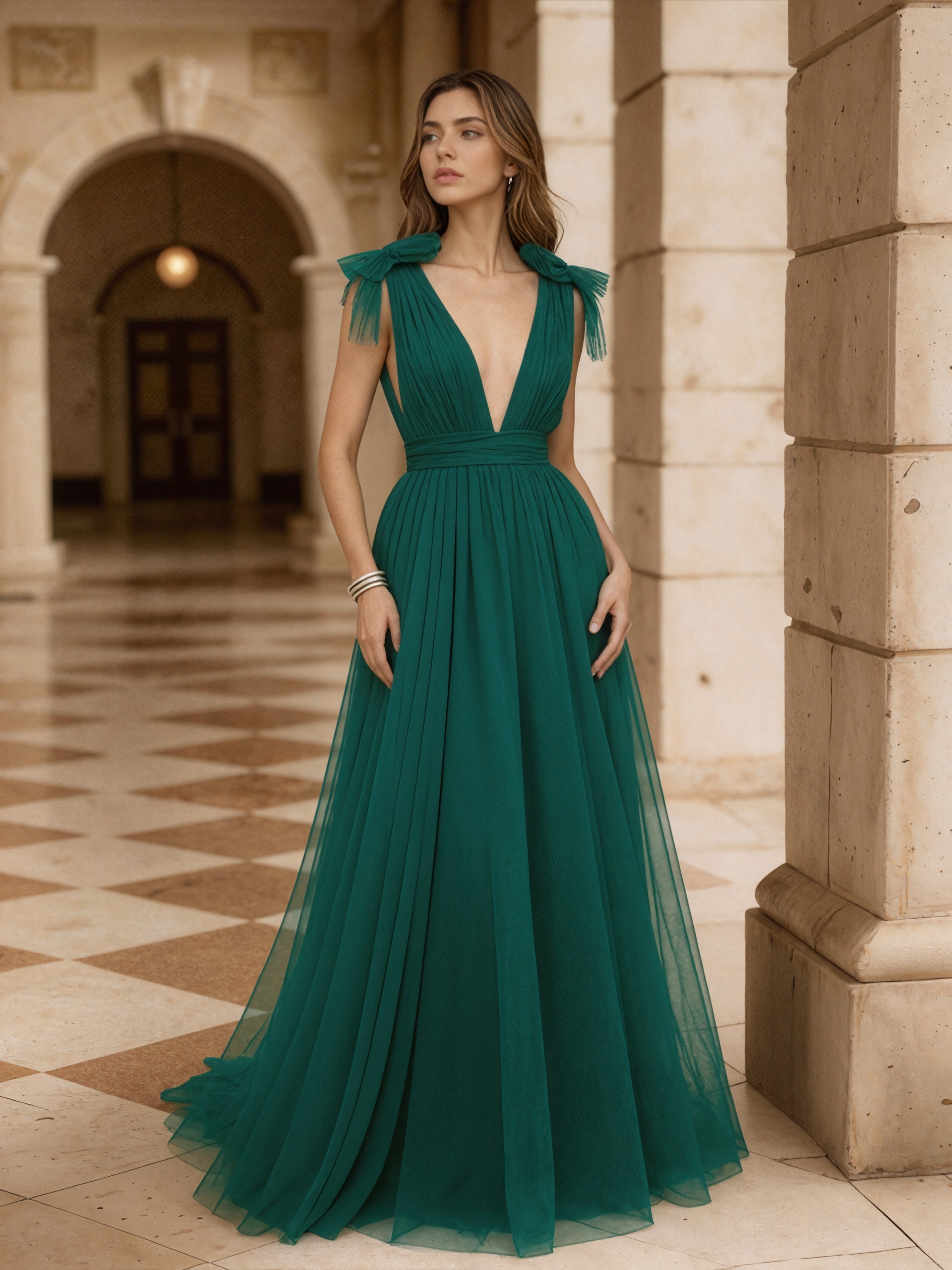 A-Line Deep V-Neck Tulle Floor-Length Dress with Shoulder Bow Detail for Gala & Wedding Events