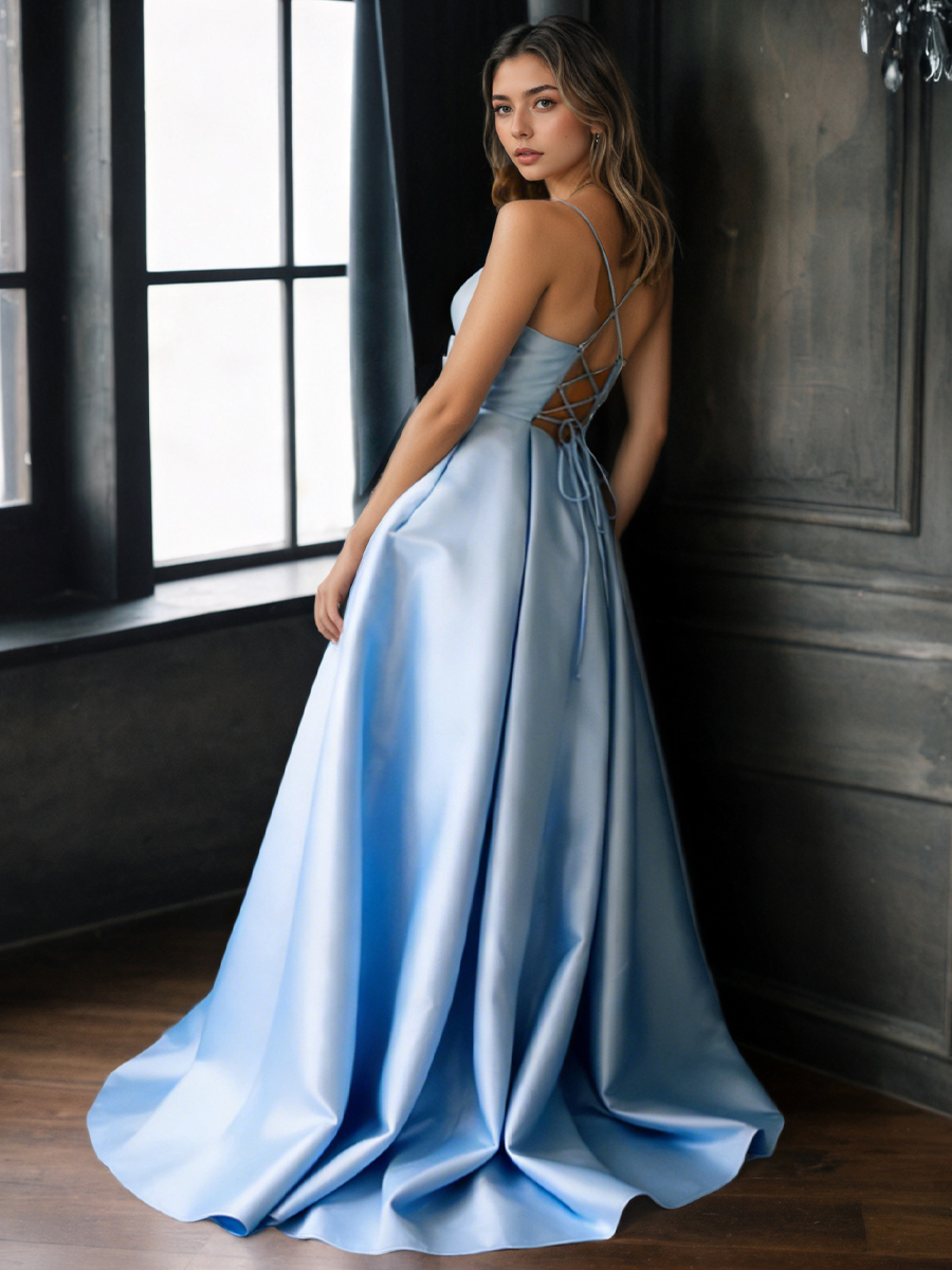 A-Line Square Neck Satin Floor-Length Dress with Waist Bow Detail for Gala & Wedding Events