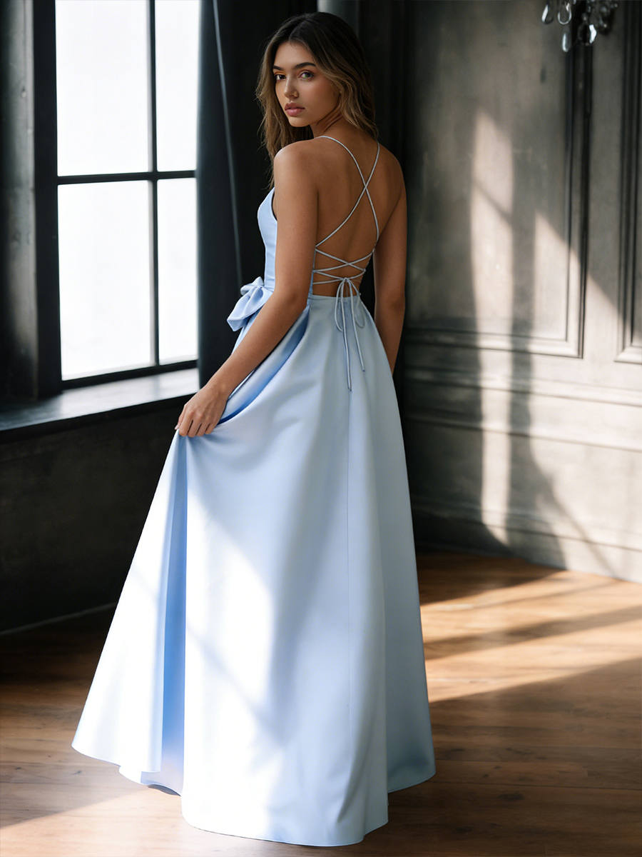 A-Line Square Neck Satin Floor-Length Dress with Waist Bow Detail for Gala & Wedding Events
