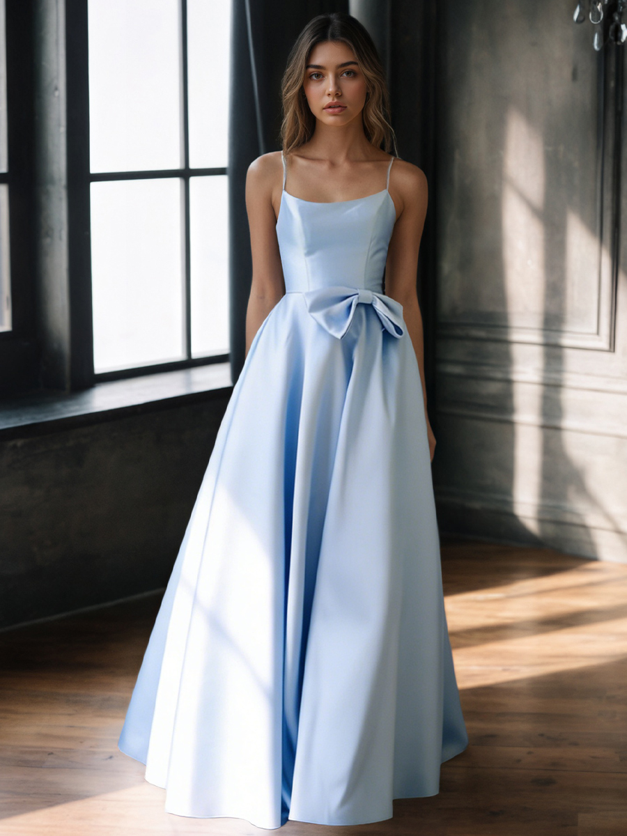 A-Line Square Neck Satin Floor-Length Dress with Waist Bow Detail for Gala & Wedding Events