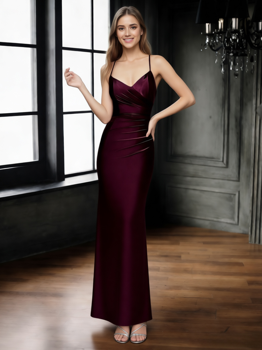 Mermaid Cowl V-Neck Satin Floor-Length Dress with Ruched Waist for Gala & Wedding Events
