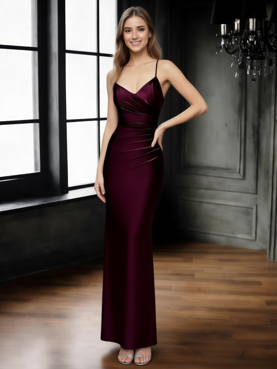 Mermaid Cowl V-Neck Satin Floor-Length Dress with Ruched Waist for Gala & Wedding Events