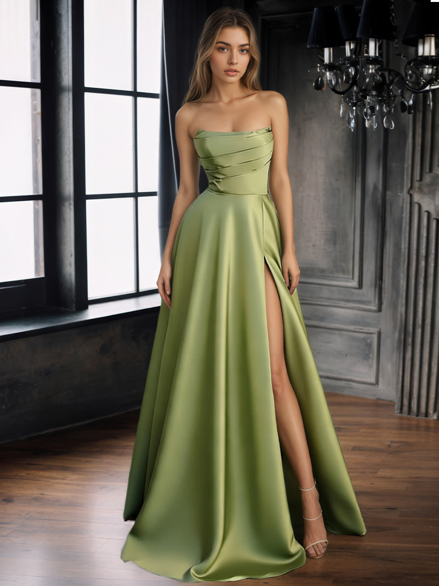 A-Line Strapless Satin Floor-Length Dress with Ruched Bodice & High Side Slit for Prom & Gala Events