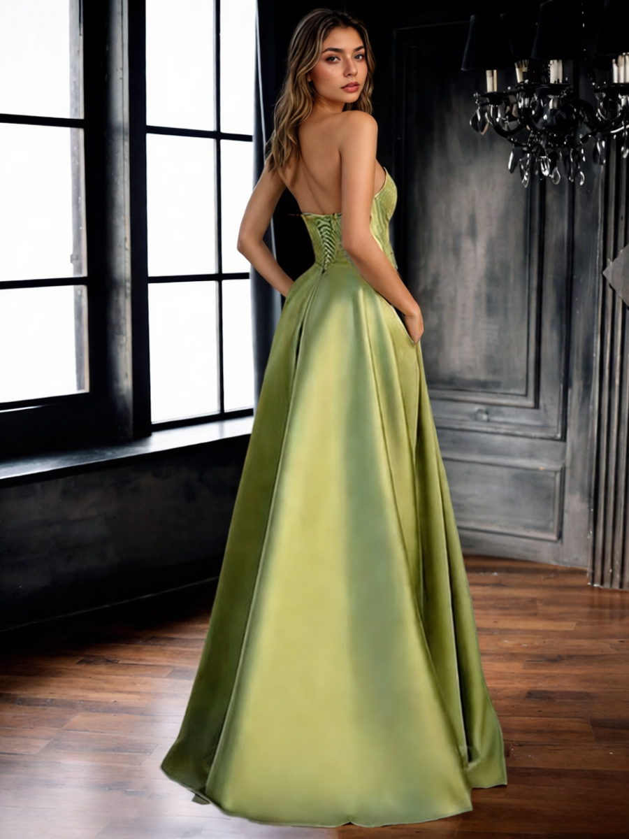 A-Line Strapless Satin Floor-Length Dress with Ruched Bodice & High Side Slit for Prom & Gala Events