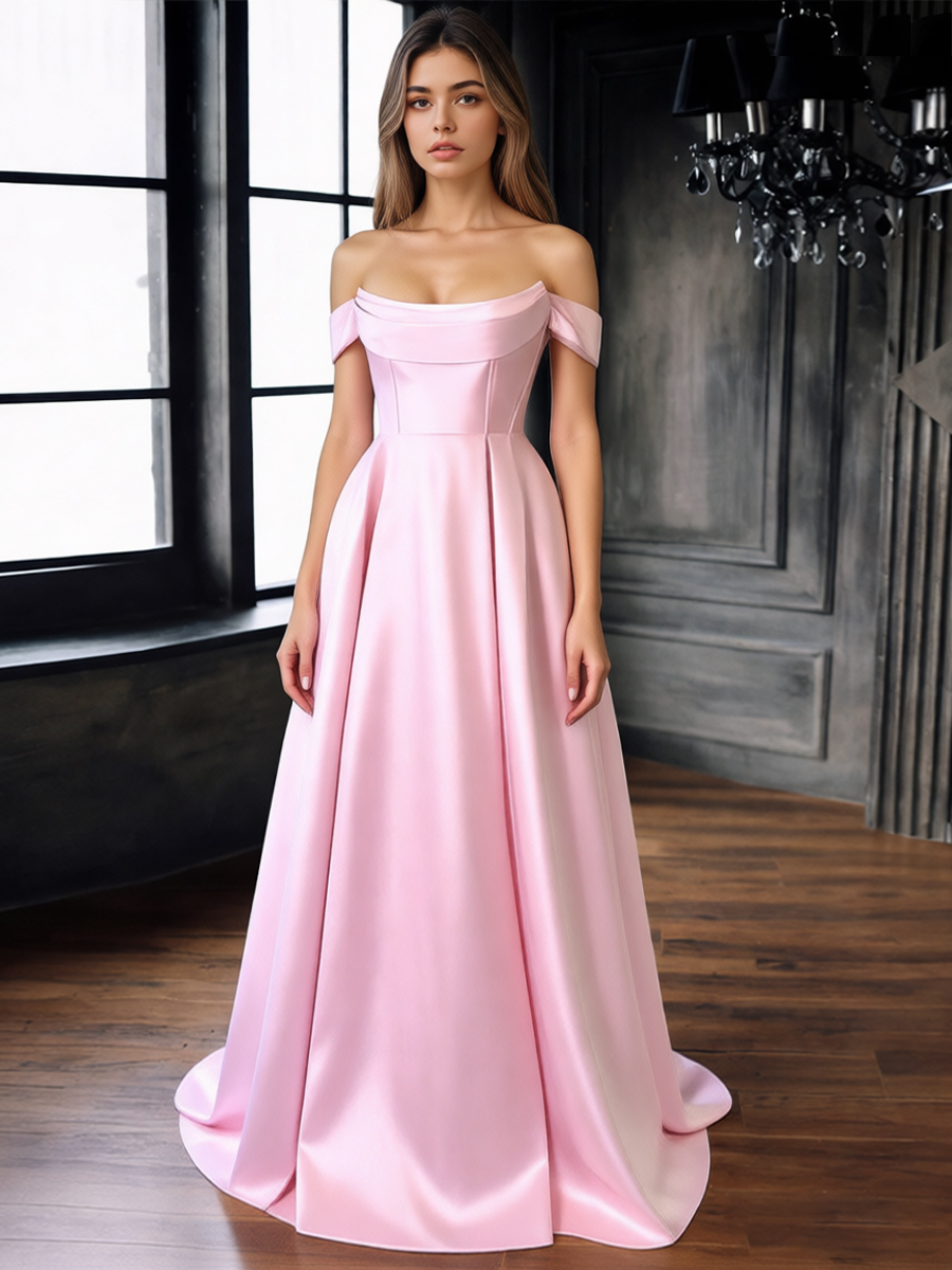 A-Line Off-the-Shoulder Satin Floor-Length Dress with Sweep Train for Gala & Wedding Events