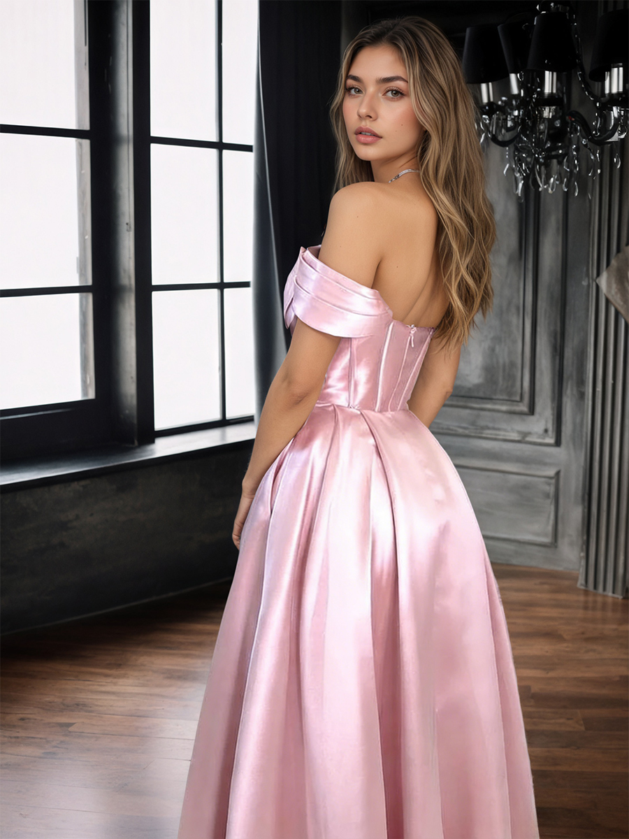A-Line Off-the-Shoulder Satin Floor-Length Dress with Sweep Train for Gala & Wedding Events