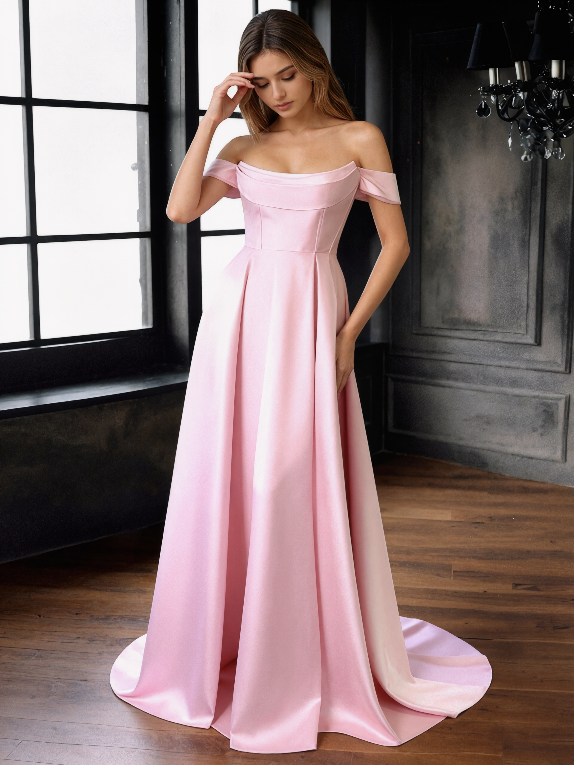 A-Line Off-the-Shoulder Satin Floor-Length Dress with Sweep Train for Gala & Wedding Events