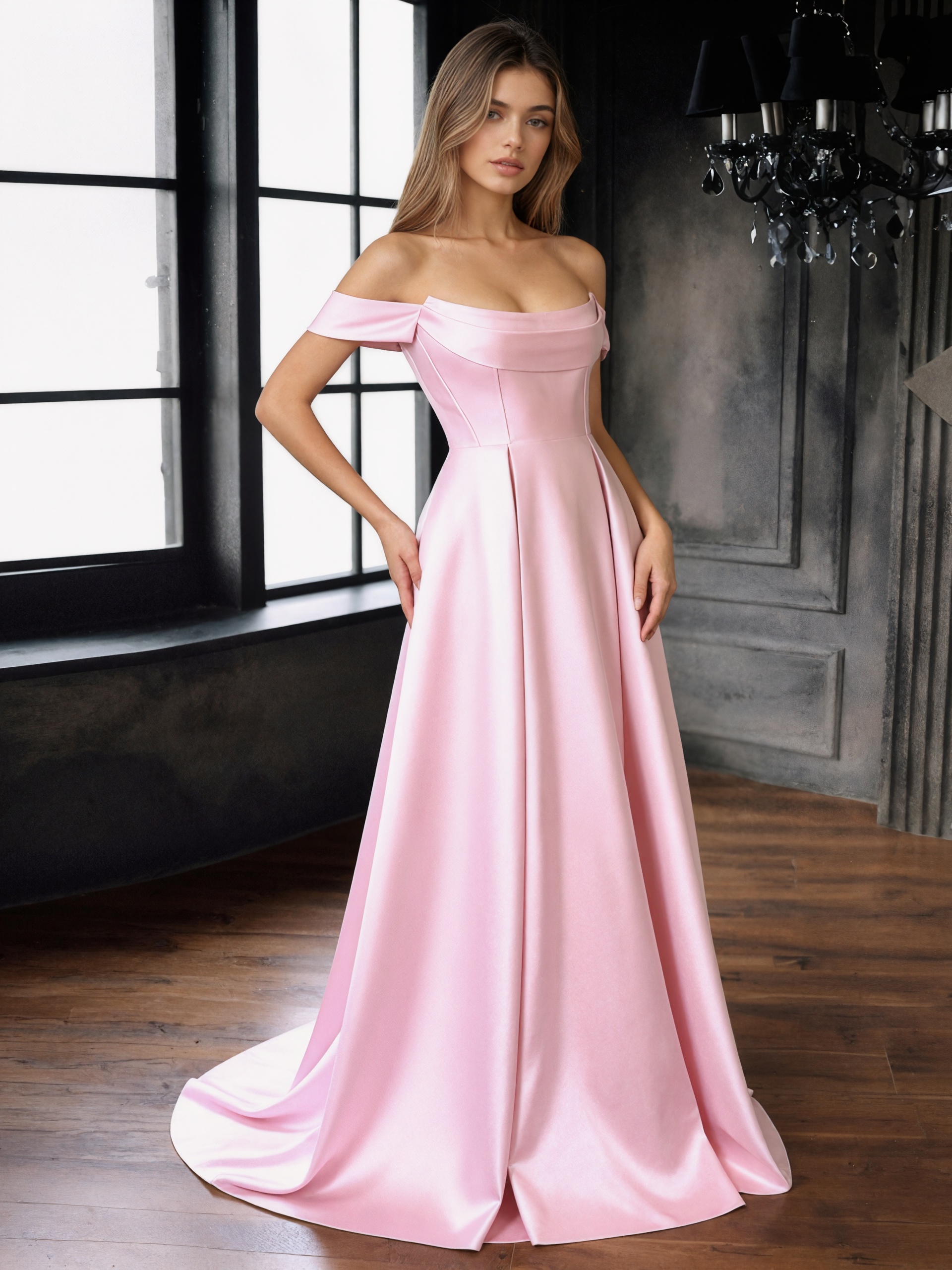 A-Line Off-the-Shoulder Satin Floor-Length Dress with Sweep Train for Gala & Wedding Events