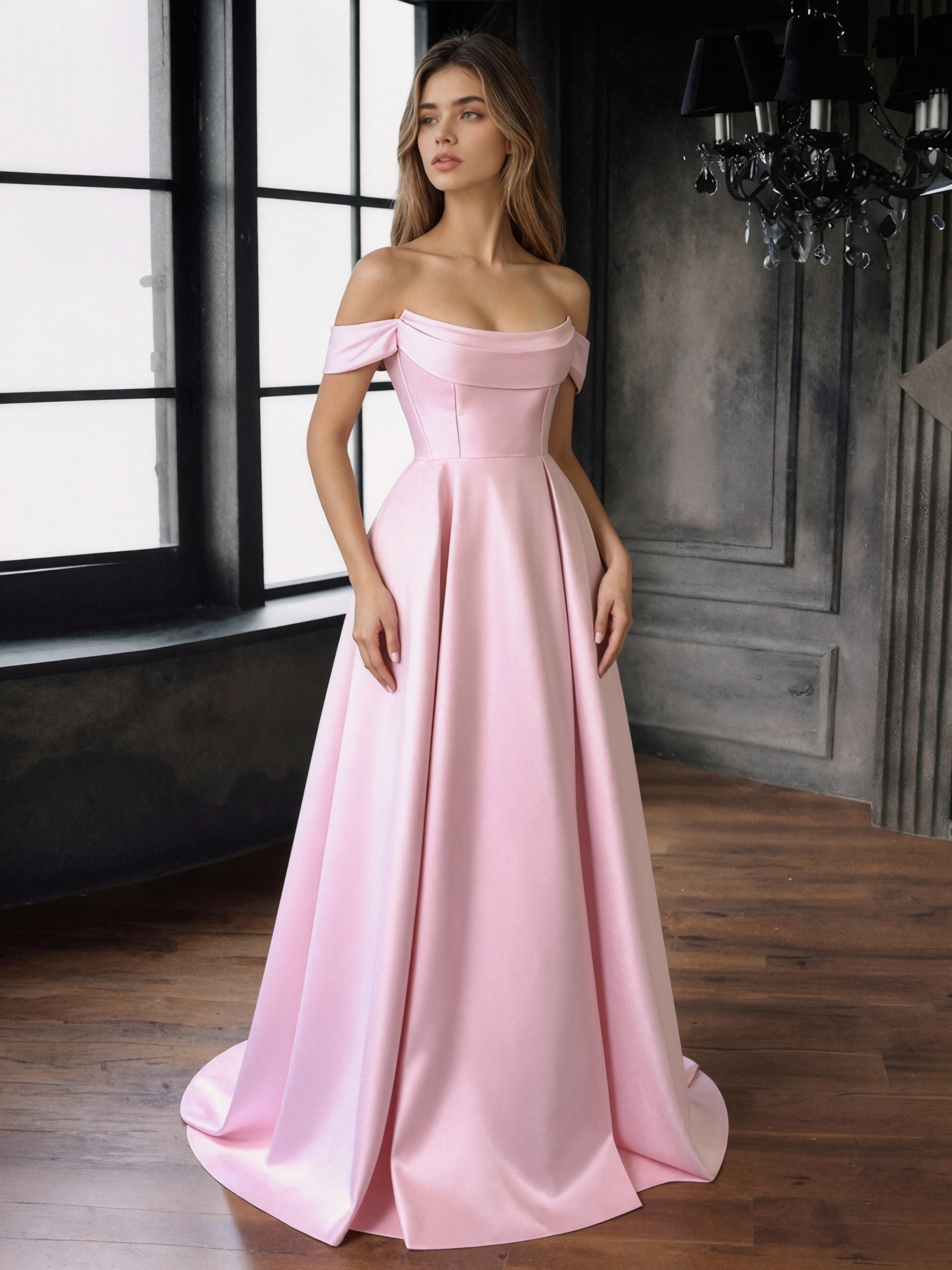 A-Line Off-the-Shoulder Satin Floor-Length Dress with Sweep Train for Gala & Wedding Events
