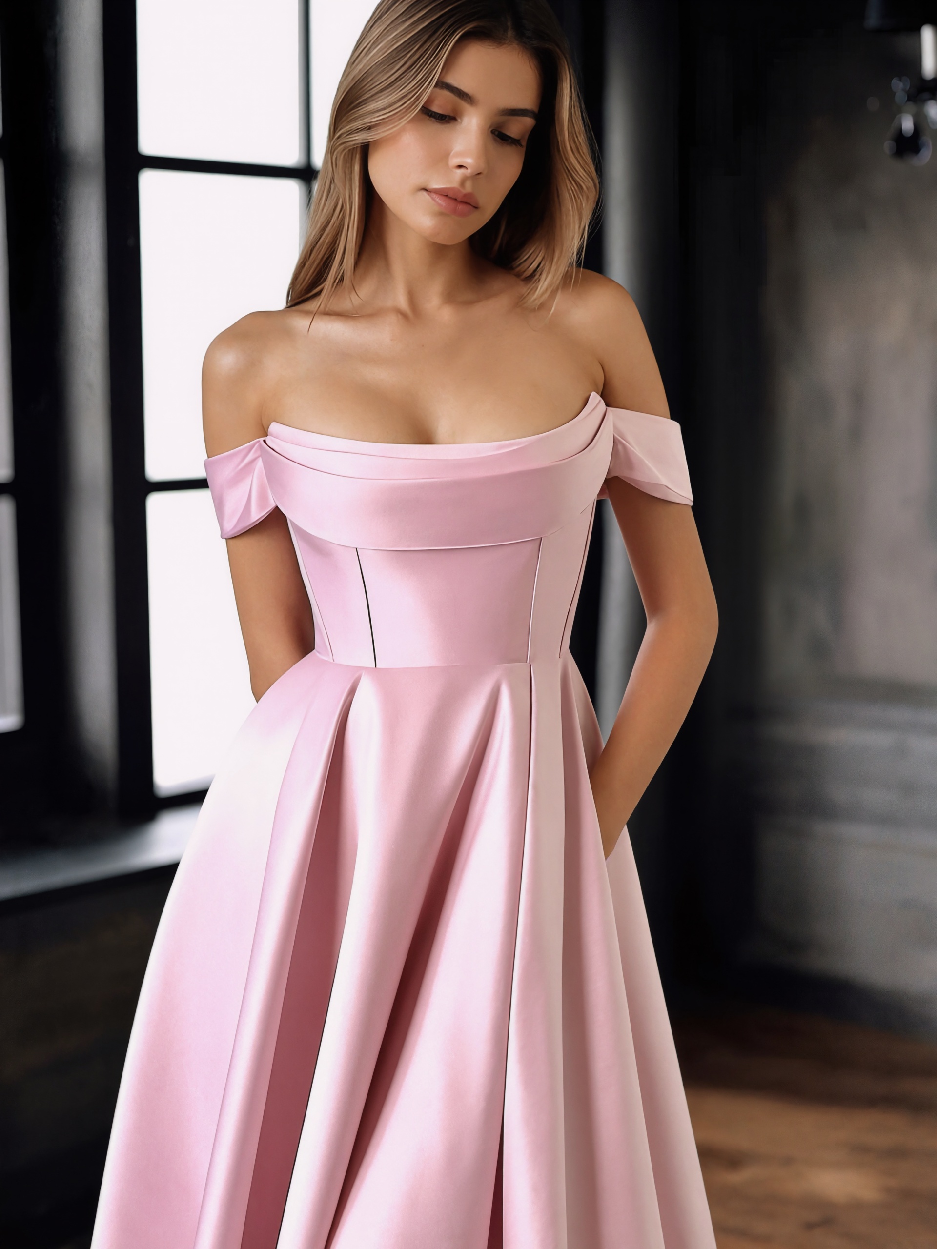 A-Line Off-the-Shoulder Satin Floor-Length Dress with Sweep Train for Gala & Wedding Events