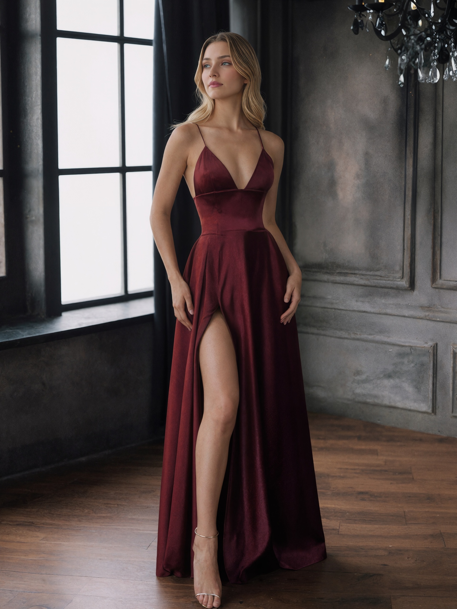 Plunging V-Neck Spaghetti Strap Satin A-Line High Slit  Formal Prom Gown with Pocket
