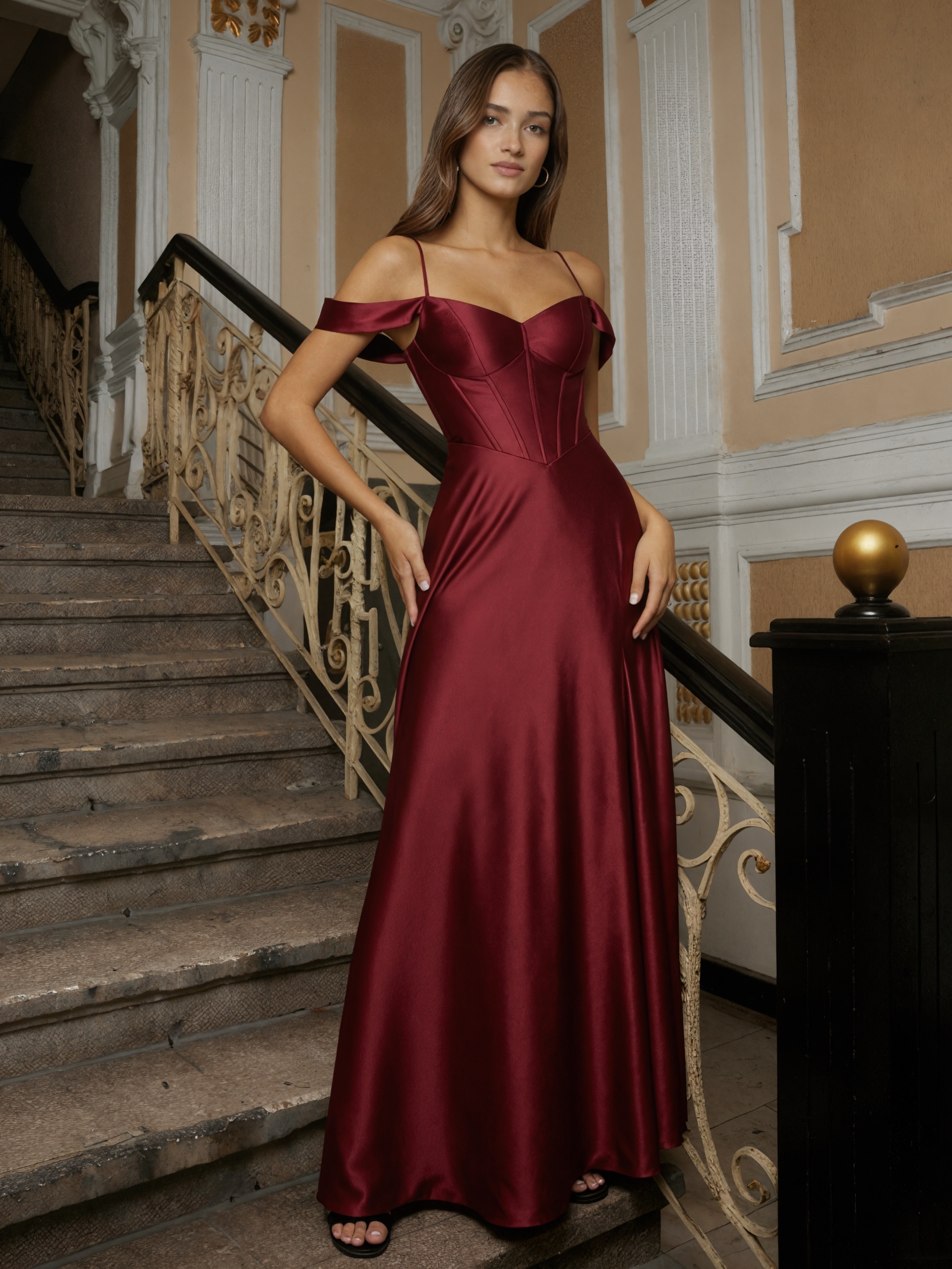 Flowy A-Line Off Shoulder Spaghetti Strap Corset Satin  High Slit Formal Prom Gown