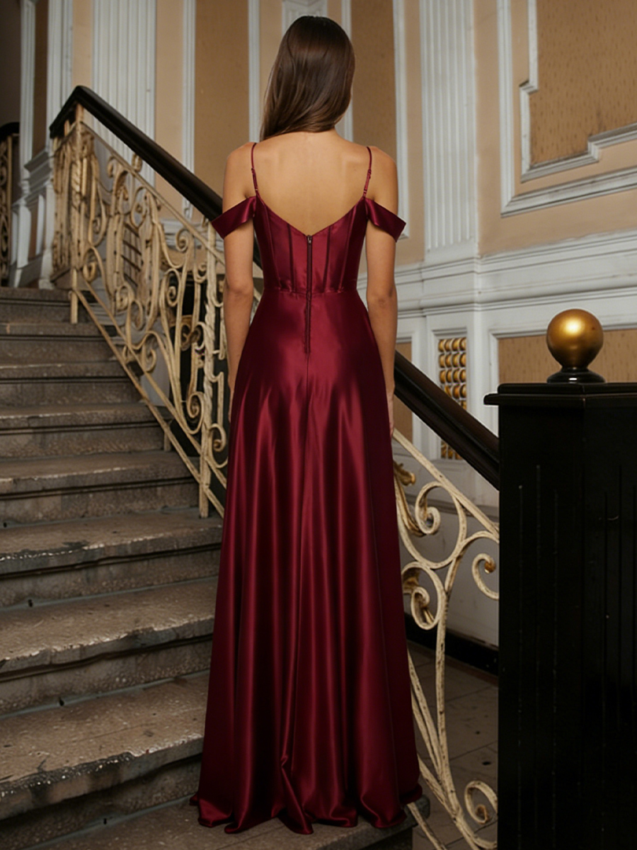 Flowy A-Line Off Shoulder Spaghetti Strap Corset Satin  High Slit Formal Prom Gown