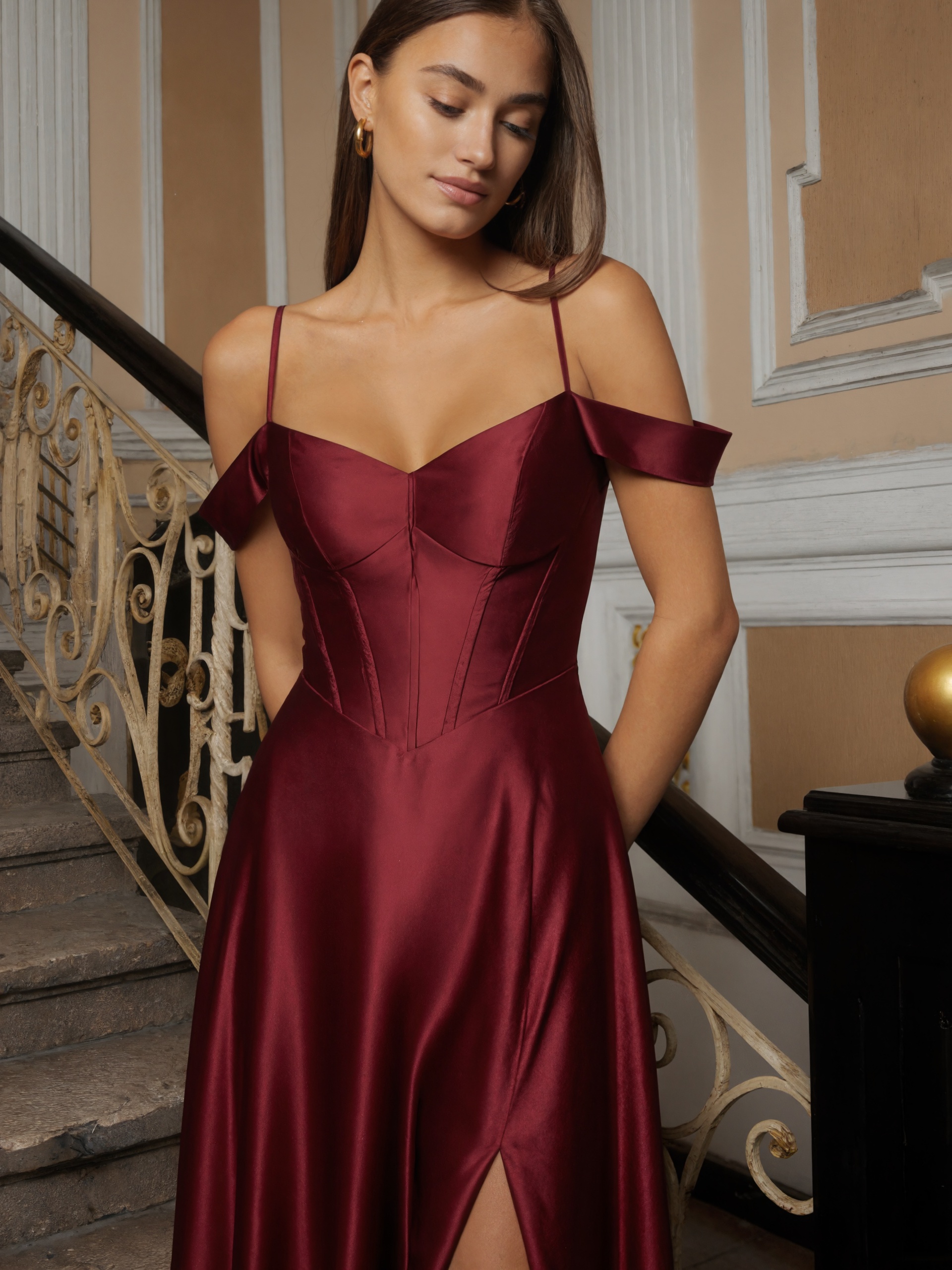 Flowy A-Line Off Shoulder Spaghetti Strap Corset Satin  High Slit Formal Prom Gown