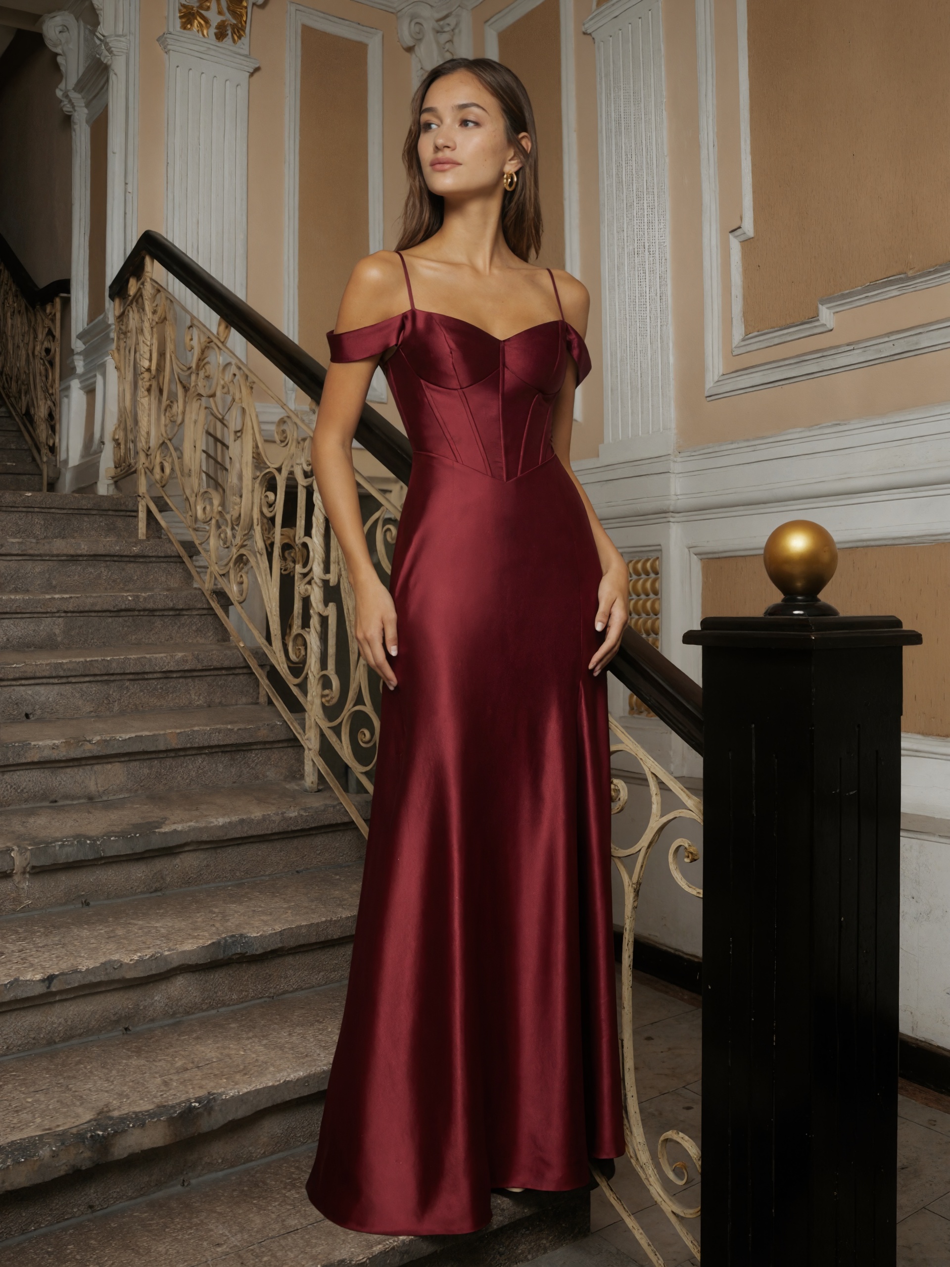 Flowy A-Line Off Shoulder Spaghetti Strap Corset Satin  High Slit Formal Prom Gown