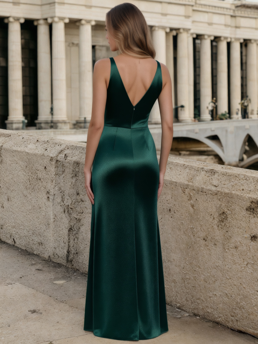 Plunging V-Neck Satin Ruched High Slit Long Formal Evening Gown