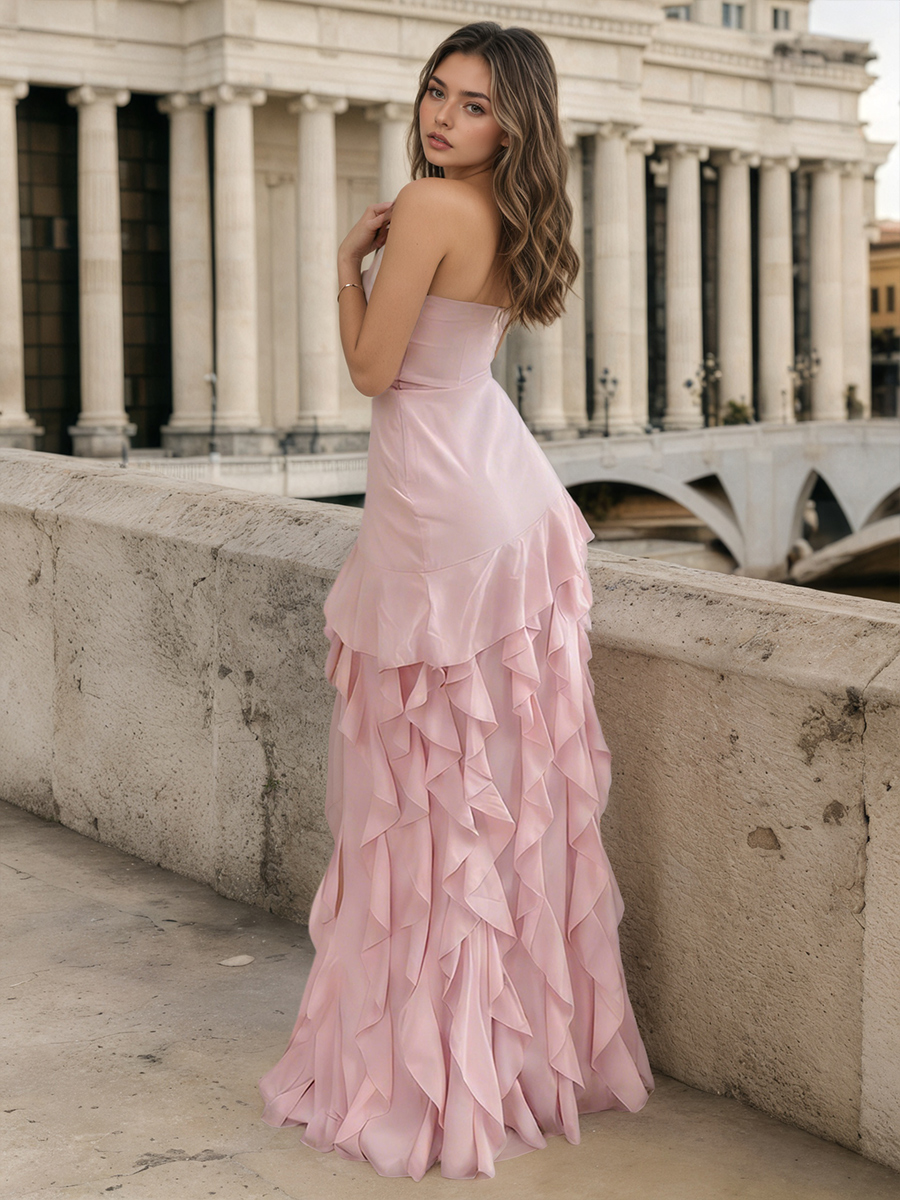 Flowy Mermaid Strapless Chiffon Ruffled Long Prom High Slit Prom Gown