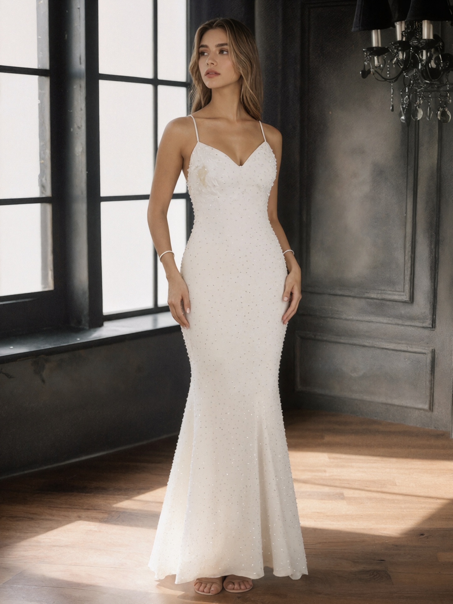 Sexy Spaghetti Strap Plunging V-Neck Glitter Sequin Mermaid Long Prom Gown