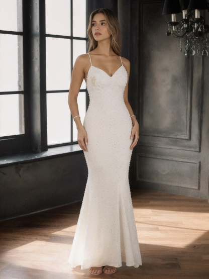 Sexy Spaghetti Strap Plunging V-Neck Glitter Sequin Mermaid Long Prom Gown