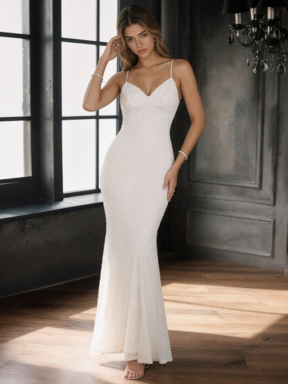 Sexy Spaghetti Strap Plunging V-Neck Glitter Sequin Mermaid Long Prom Gown