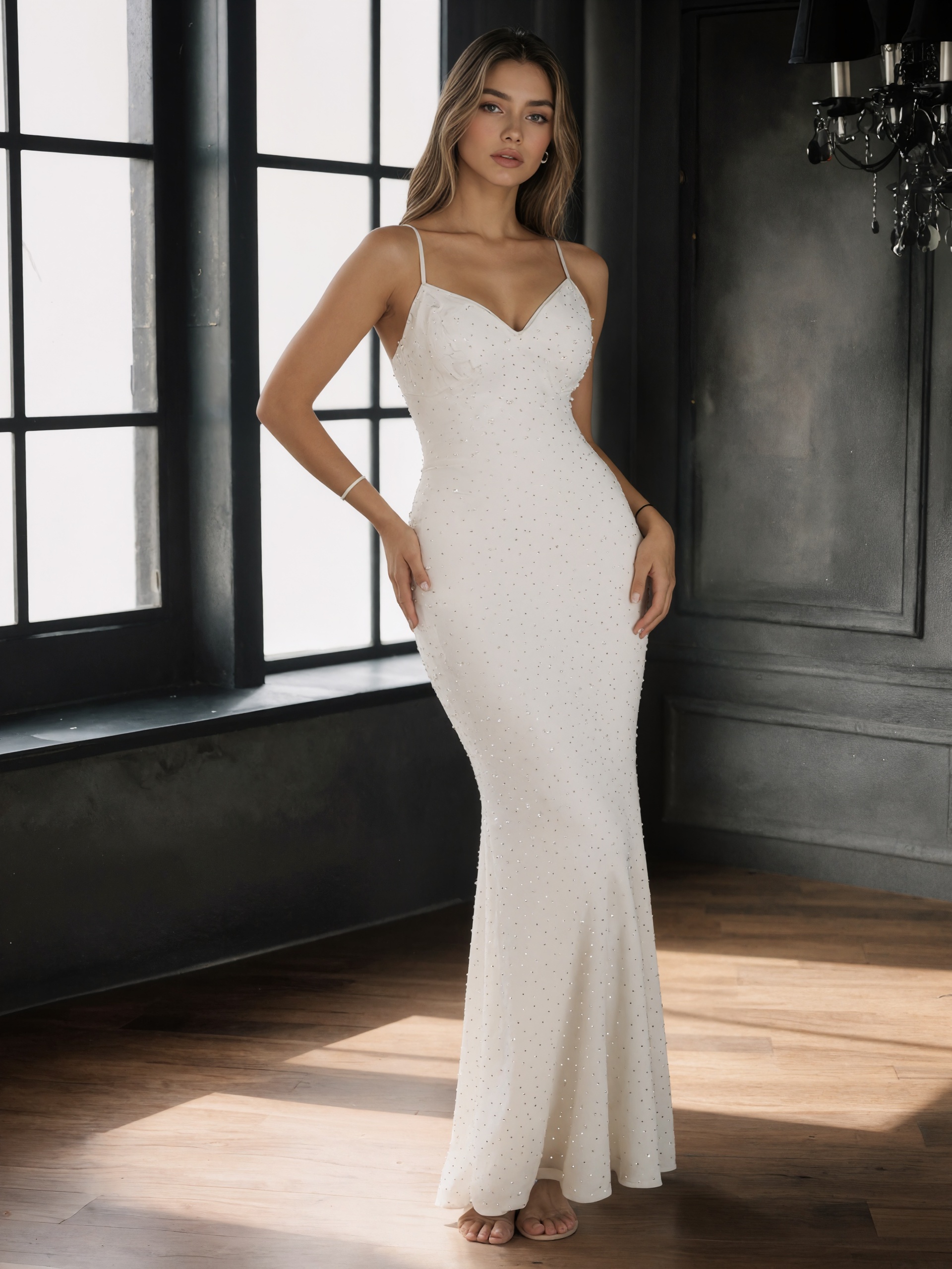 Sexy Spaghetti Strap Plunging V-Neck Glitter Sequin Mermaid Long Prom Gown