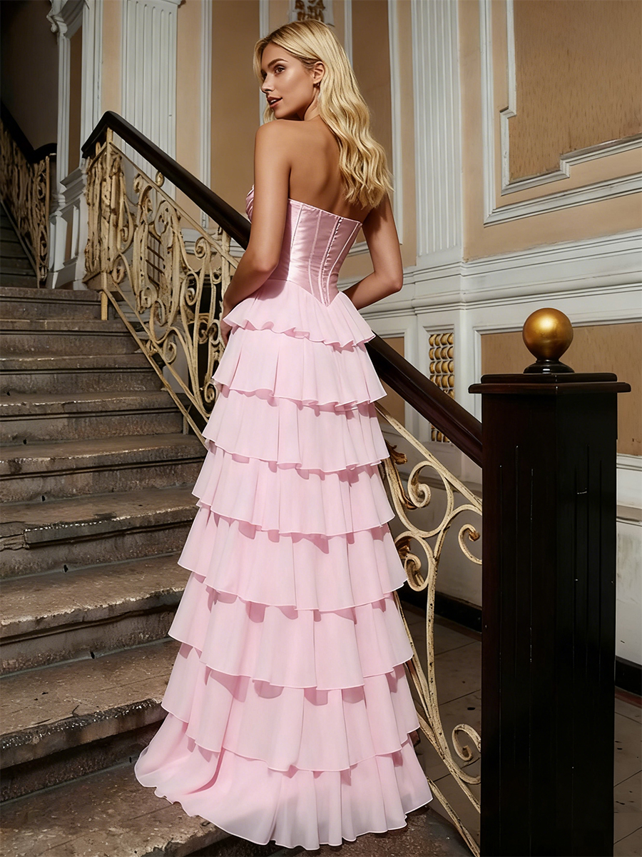 Strapless Flowy A-Line Satin Tiered Chiffon Sweetheart Neck Sequin Slit Formal Prom Gowns