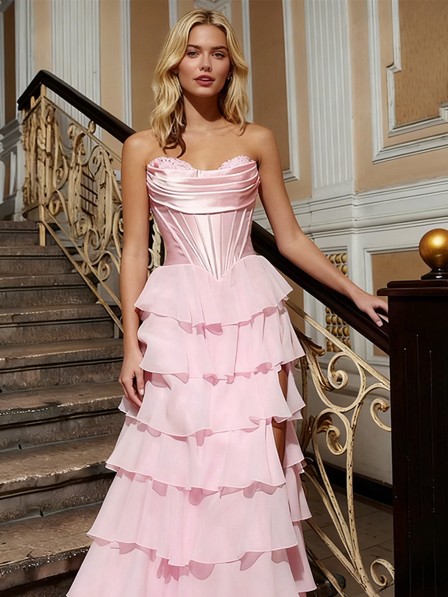 Strapless Flowy A-Line Satin Tiered Chiffon Sweetheart Neck Sequin Slit Formal Prom Gowns