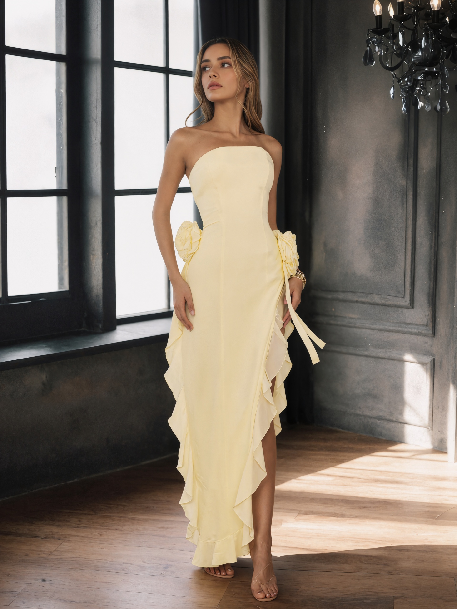 Flowy Strapless Floral Asymmetric Ruffled High Slit Long Formal Prom Gown