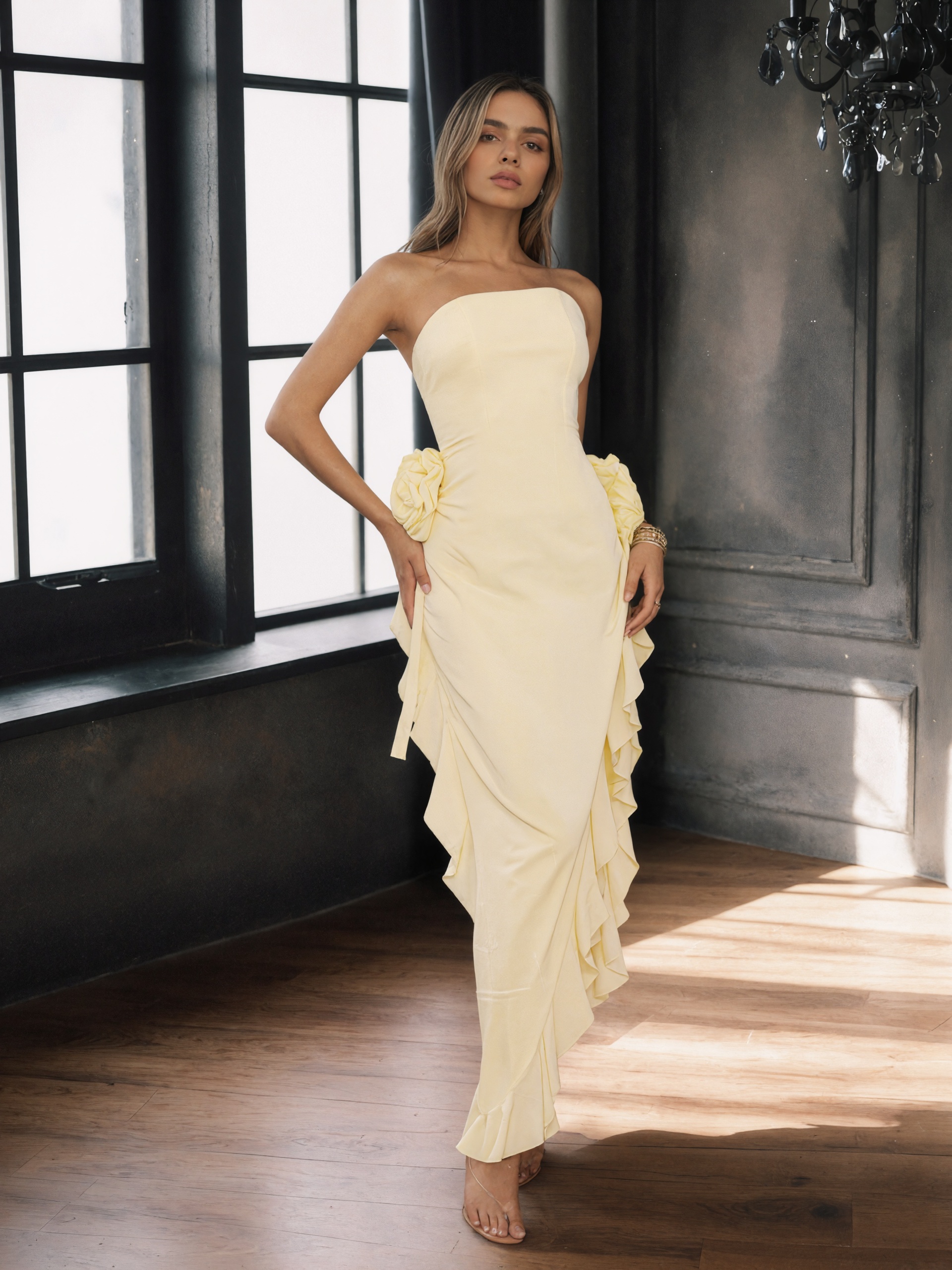 Flowy Strapless Floral Asymmetric Ruffled High Slit Long Formal Prom Gown