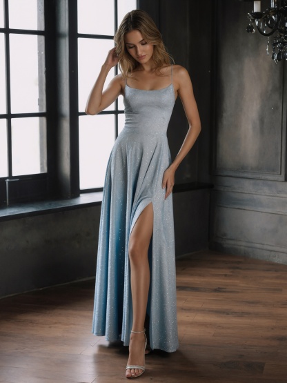 Spaghetti Strap Square Neck Glitter Fabric High Slit Floor-Length Formal Prom Gown