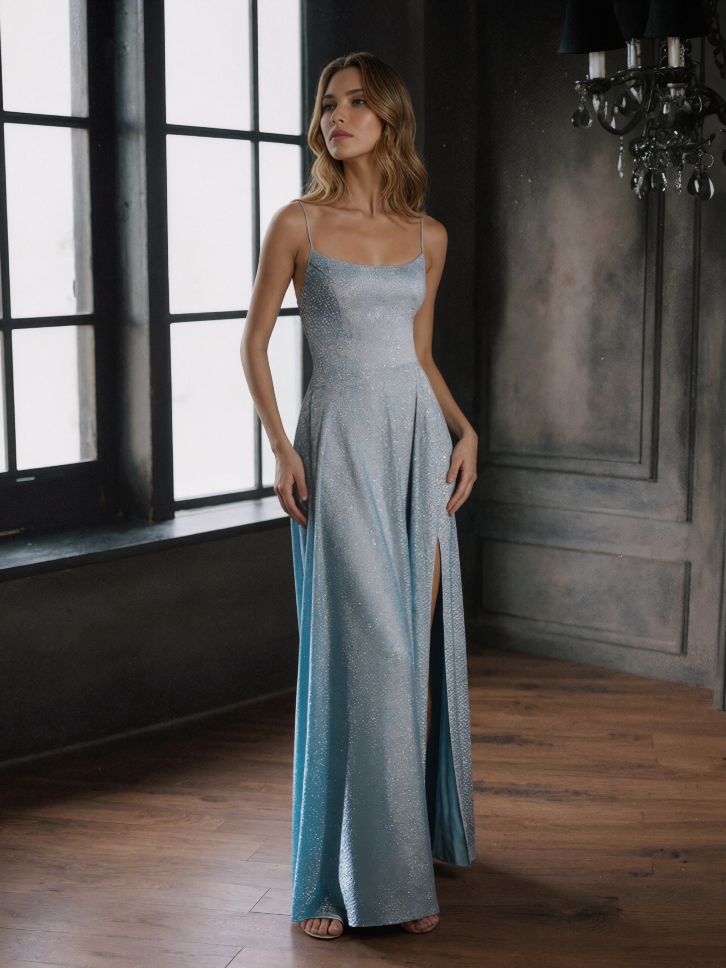 Spaghetti Strap Square Neck Glitter Fabric High Slit Floor-Length Formal Prom Gown