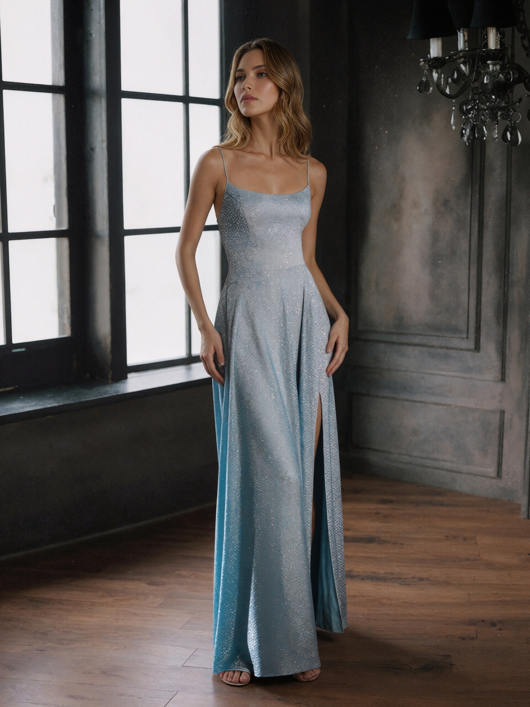 Spaghetti Strap Square Neck Glitter Fabric High Slit Floor-Length Formal Prom Gown