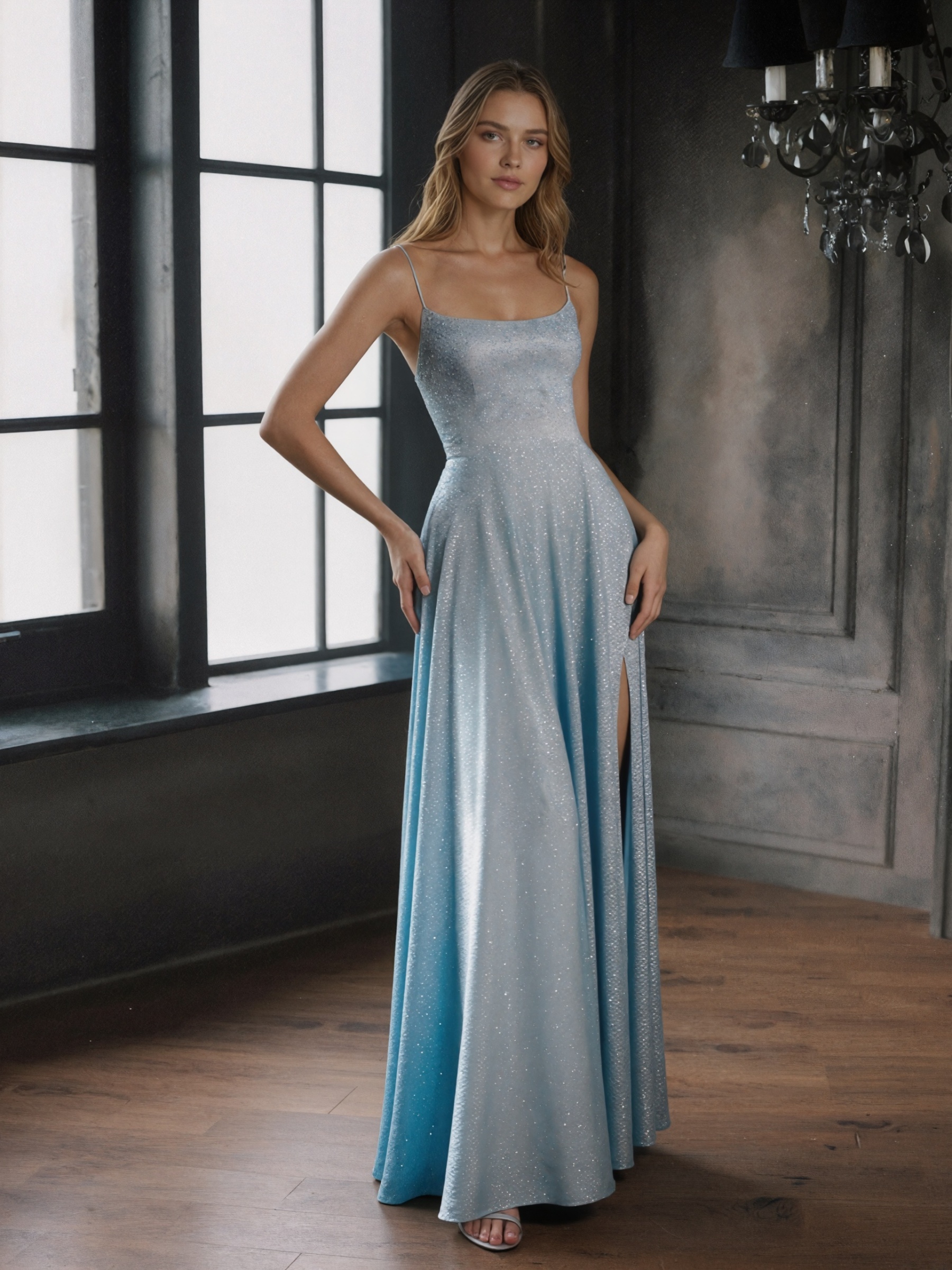 Spaghetti Strap Square Neck Glitter Fabric High Slit Floor-Length Formal Prom Gown