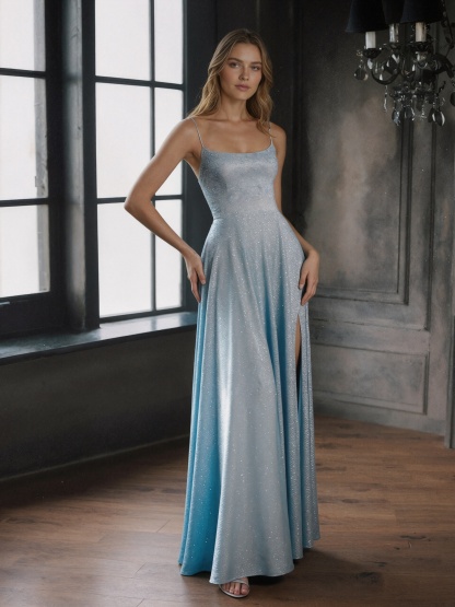 Spaghetti Strap Square Neck Glitter Fabric High Slit Floor-Length Formal Prom Gown