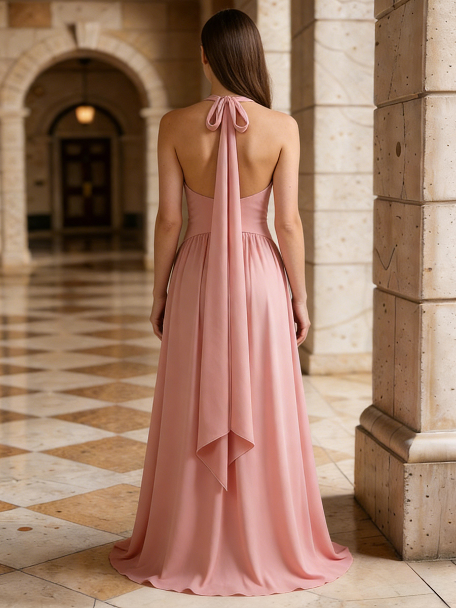 Halter Neck Deep V Ruched Waist Chiffon Floor-Length Bridesmaid Dress